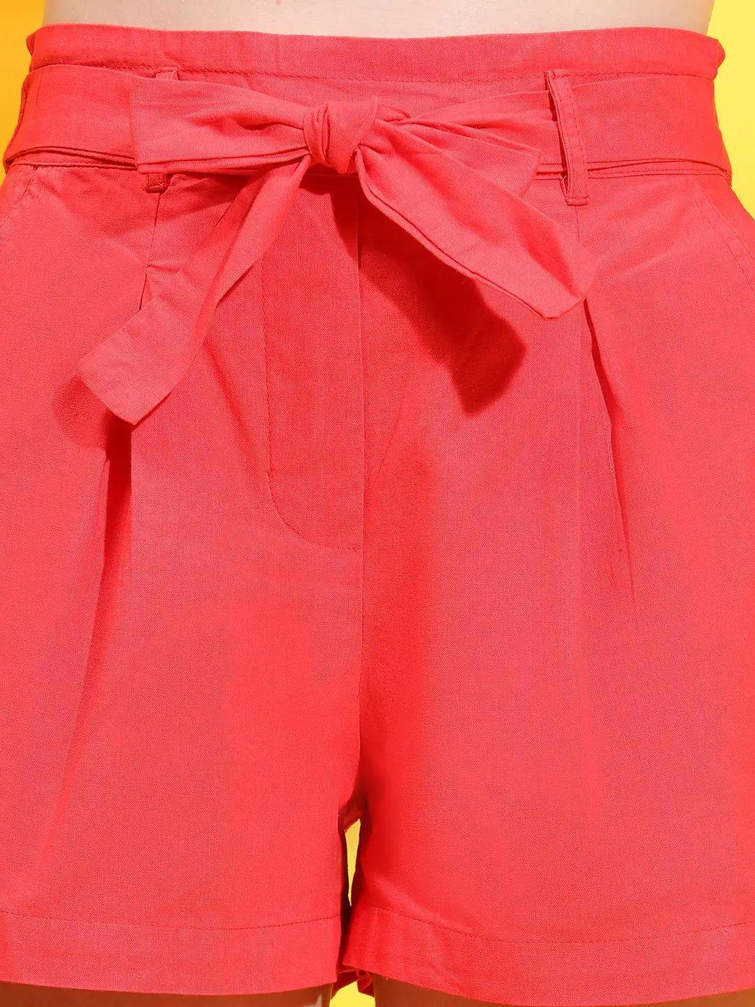 Mega Red Elasticated Waist With Tie-Knot Belt Cotton Shorts - oxolloxo