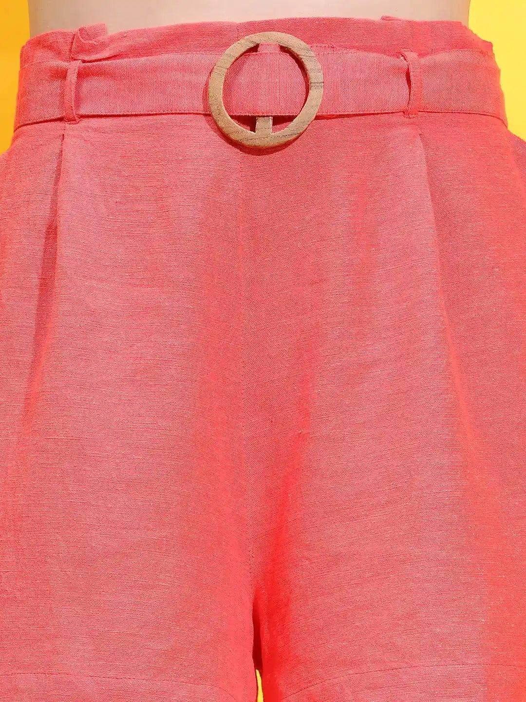 Amp Red Elasticated Waist With Buckle Belt Cotton Women Shorts   oxolloxo