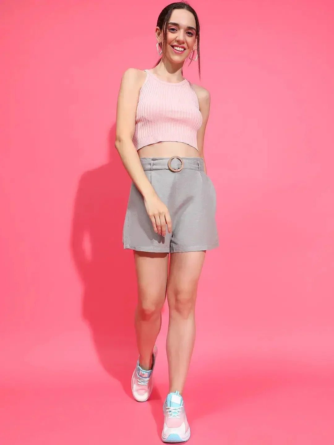 Solid Grey Elasticated Waist With Buckle Belt Cotton Shorts - oxolloxo