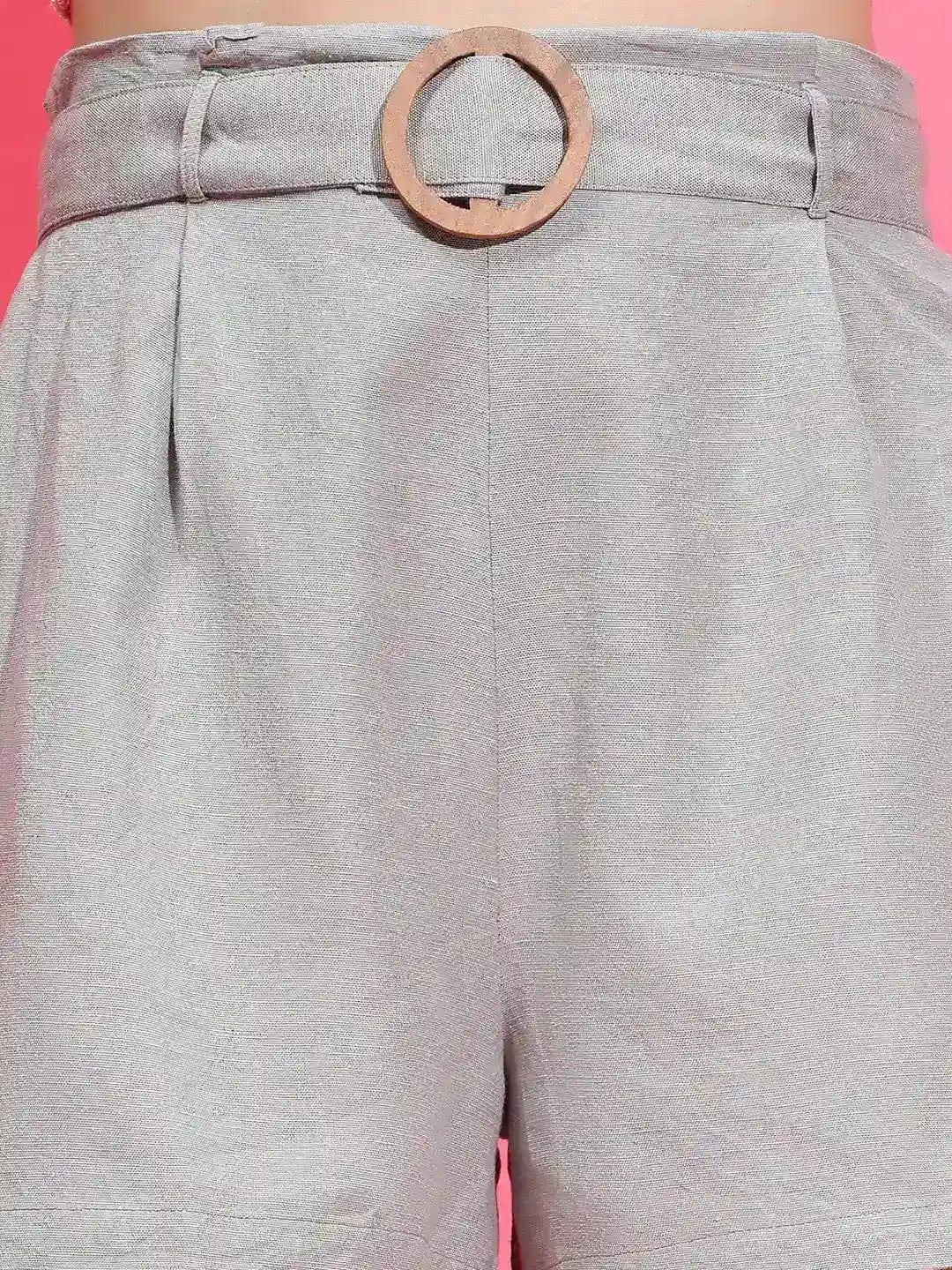 Solid Grey Elasticated Waist With Buckle Belt Cotton Shorts - oxolloxo