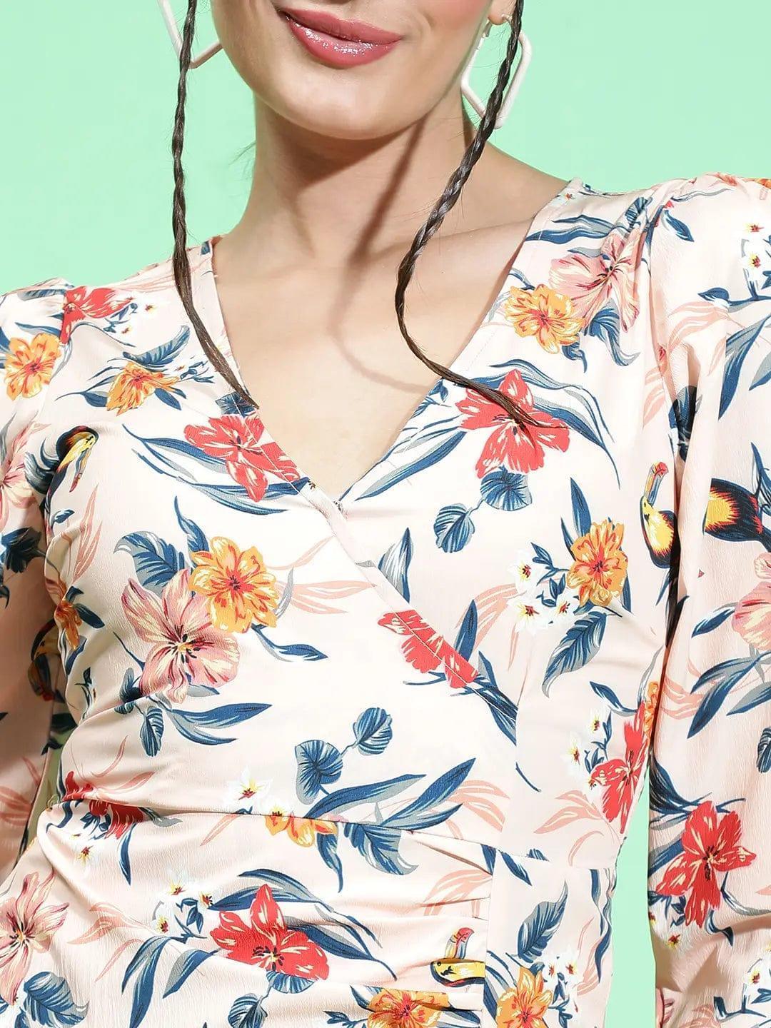 Multicolor Floral Print Long Sleeve Wrap Style Women Dress Available - oxolloxo