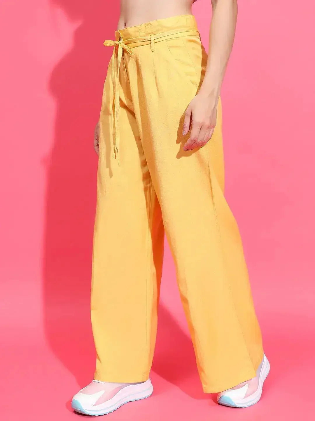 Beamy Yellow Elasticated Waist With Tie-Knot Detail Cotton Women Trouser - oxolloxo