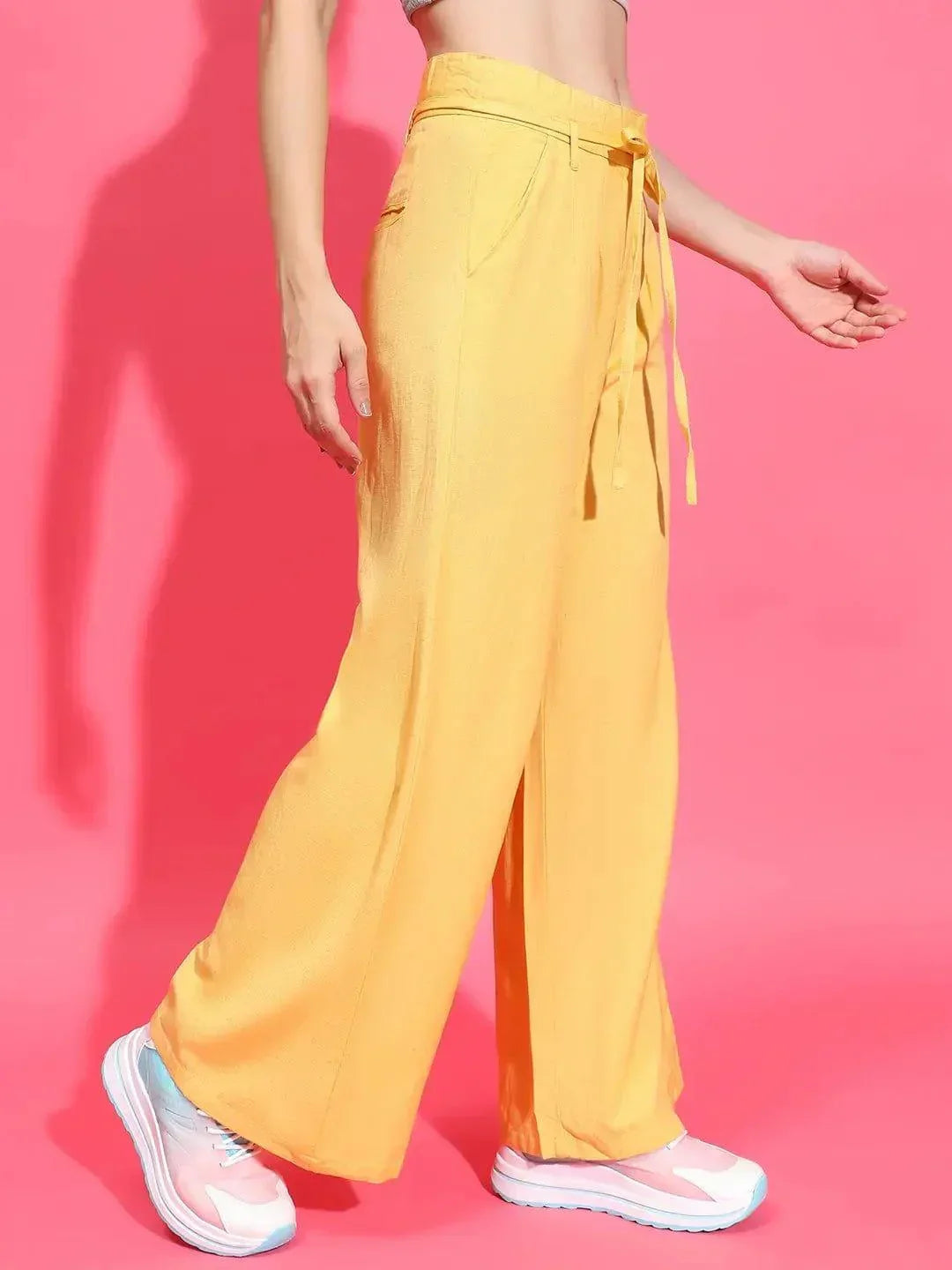 Beamy Yellow Elasticated Waist With Tie-Knot Detail Cotton Women Trouser - oxolloxo