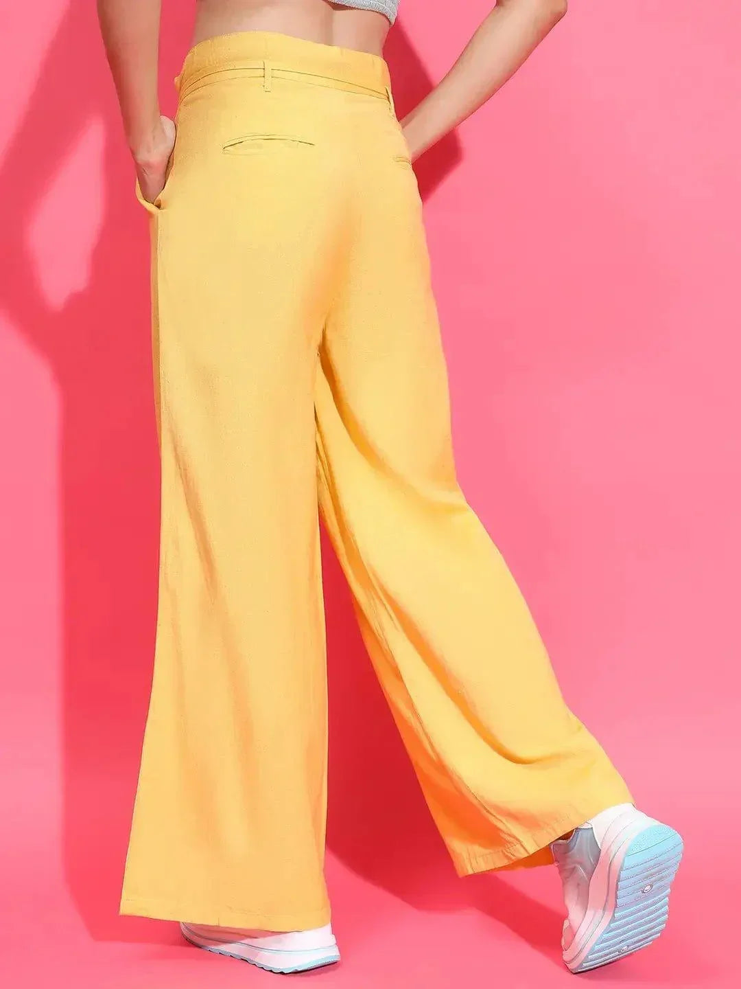 Beamy Yellow Elasticated Waist With Tie-Knot Detail Cotton Women Trouser - oxolloxo