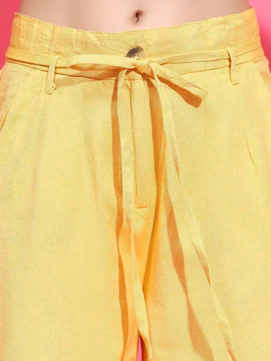 Beamy Yellow Elasticated Waist With Tie-Knot Detail Cotton Women Trouser - oxolloxo