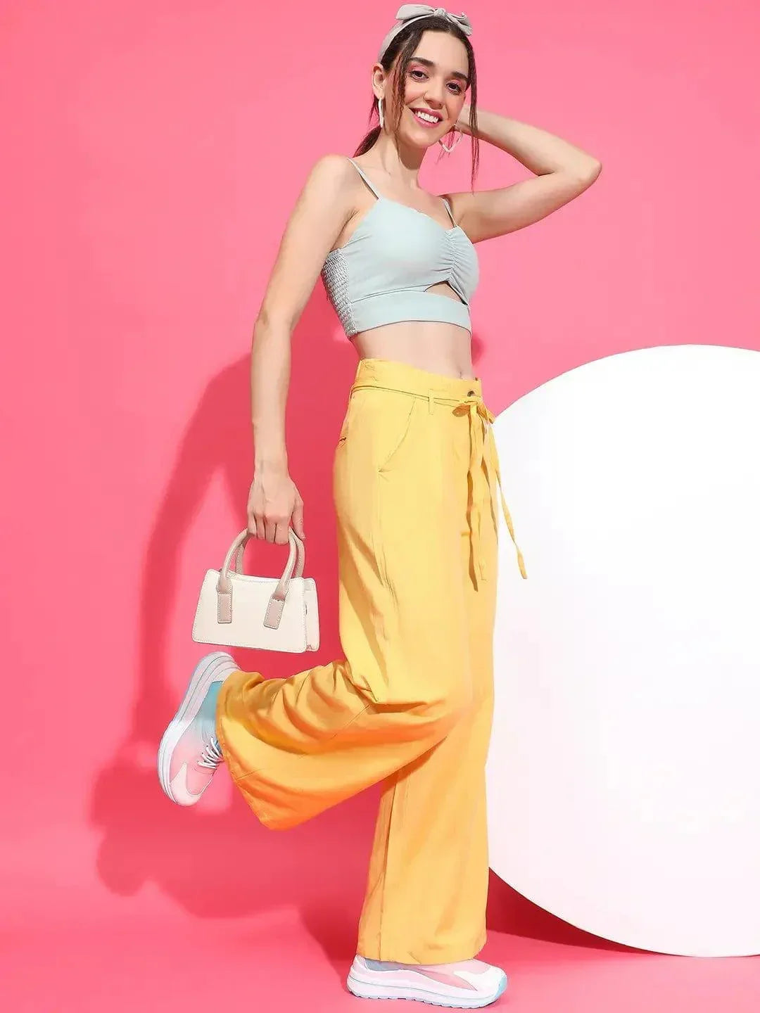 Beamy Yellow Elasticated Waist With Tie-Knot Detail Cotton Women Trouser - oxolloxo