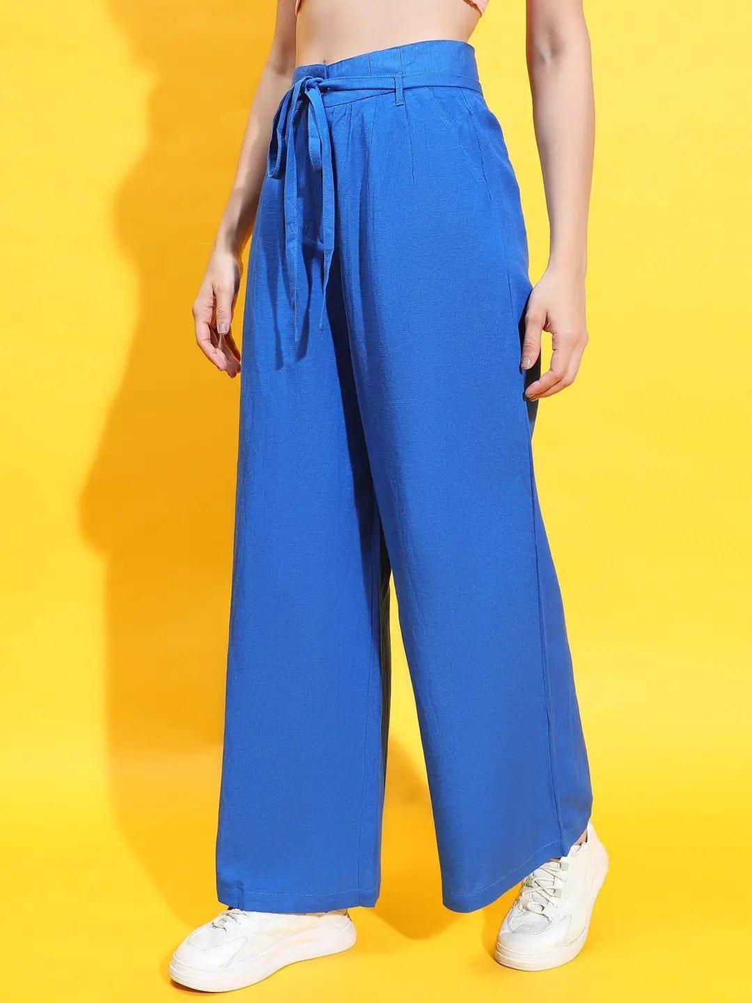 Wavy Blue Elasticated Waist Tie-Knot Detail Pant For Women Trouser - oxolloxo