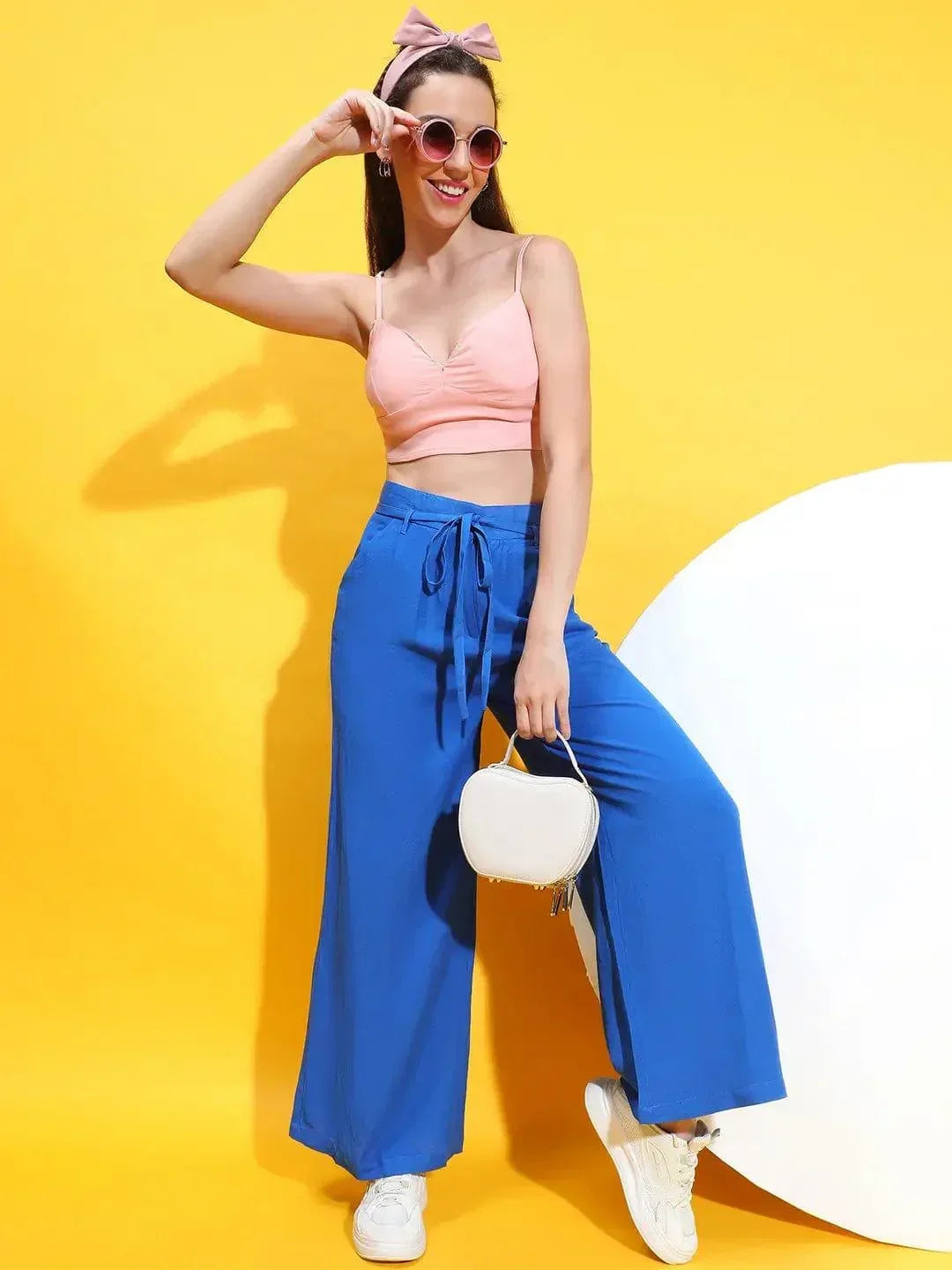 Wavy Blue Elasticated Waist Tie-Knot Detail Pant For Women Trouser - oxolloxo