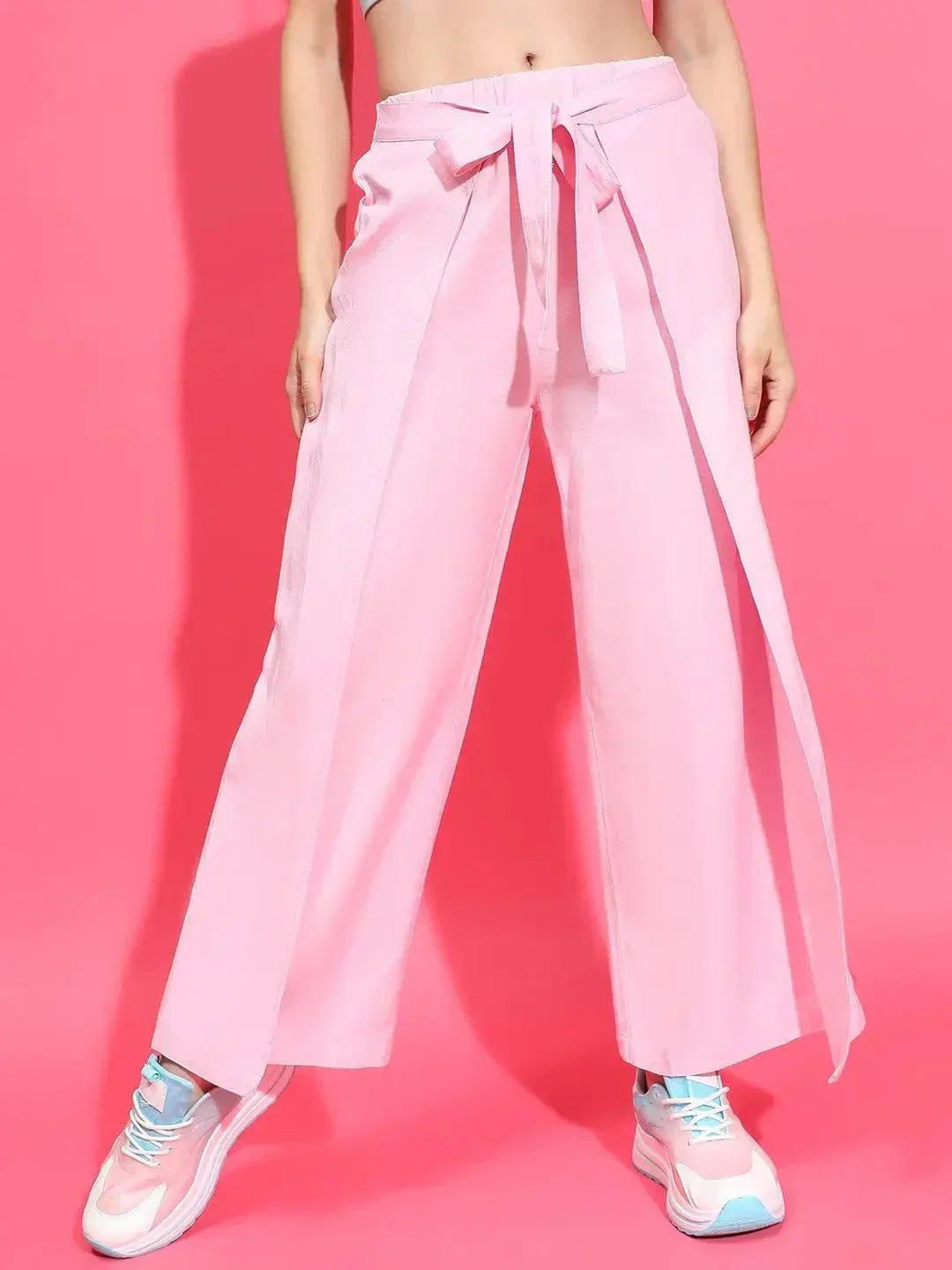 Flossy Pink Elasticated Waist Tie-Knot Detail Wrap Style Women Trouser - oxolloxo