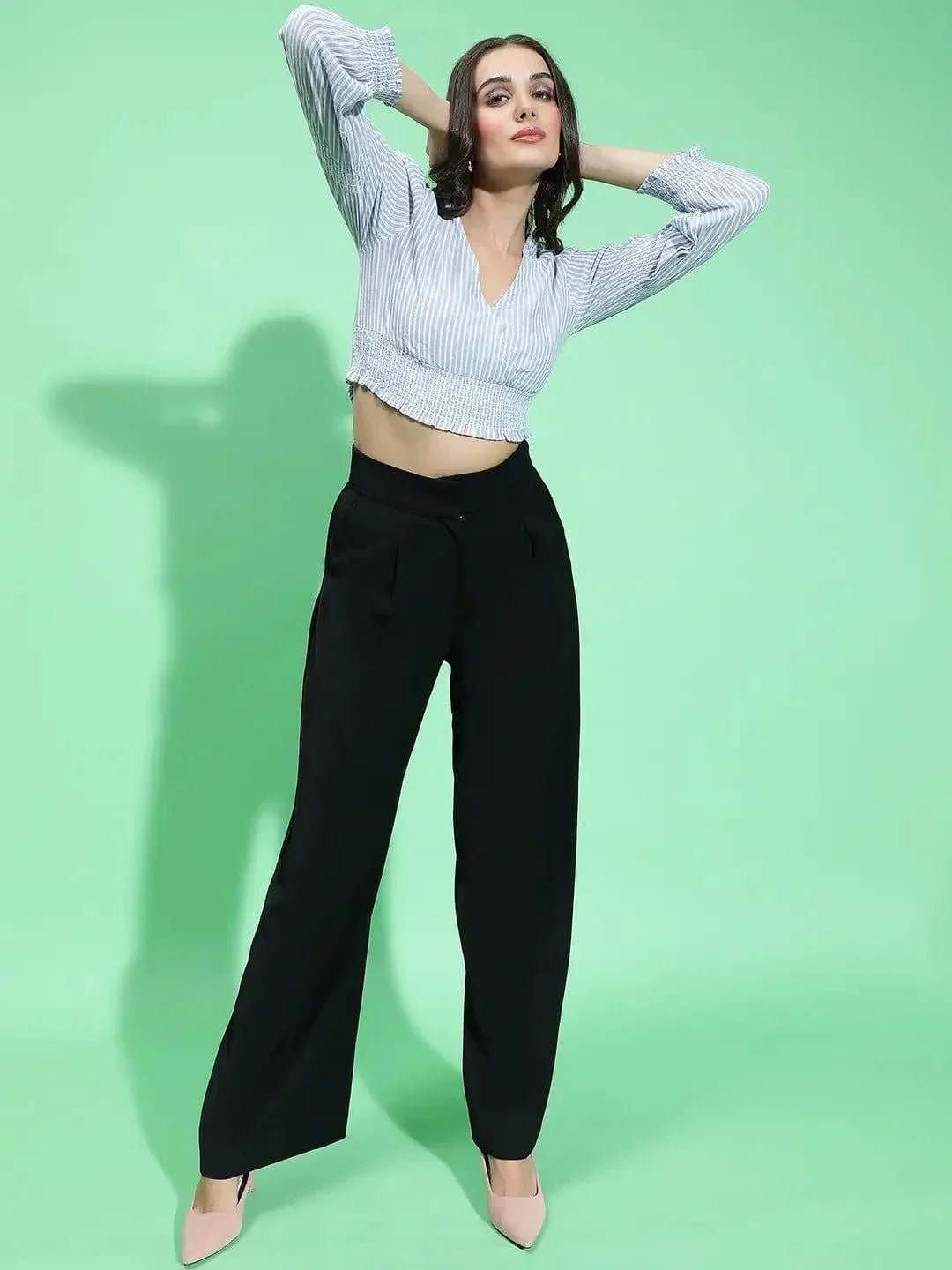 Boom Blue Stripe Print Long Sleeve Smocked Crop Top - oxolloxo