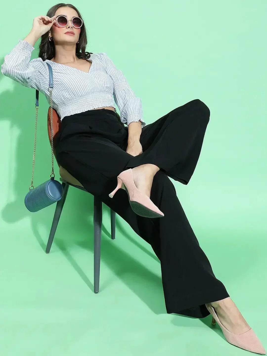 Boom Blue Stripe Print Long Sleeve Smocked Crop Top - oxolloxo