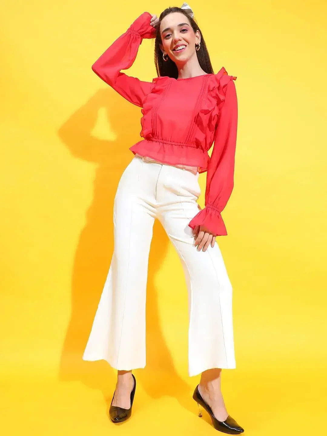 Mozic Red Round Neck Long Bell Sleeve Ruffle Detail Top - oxolloxo