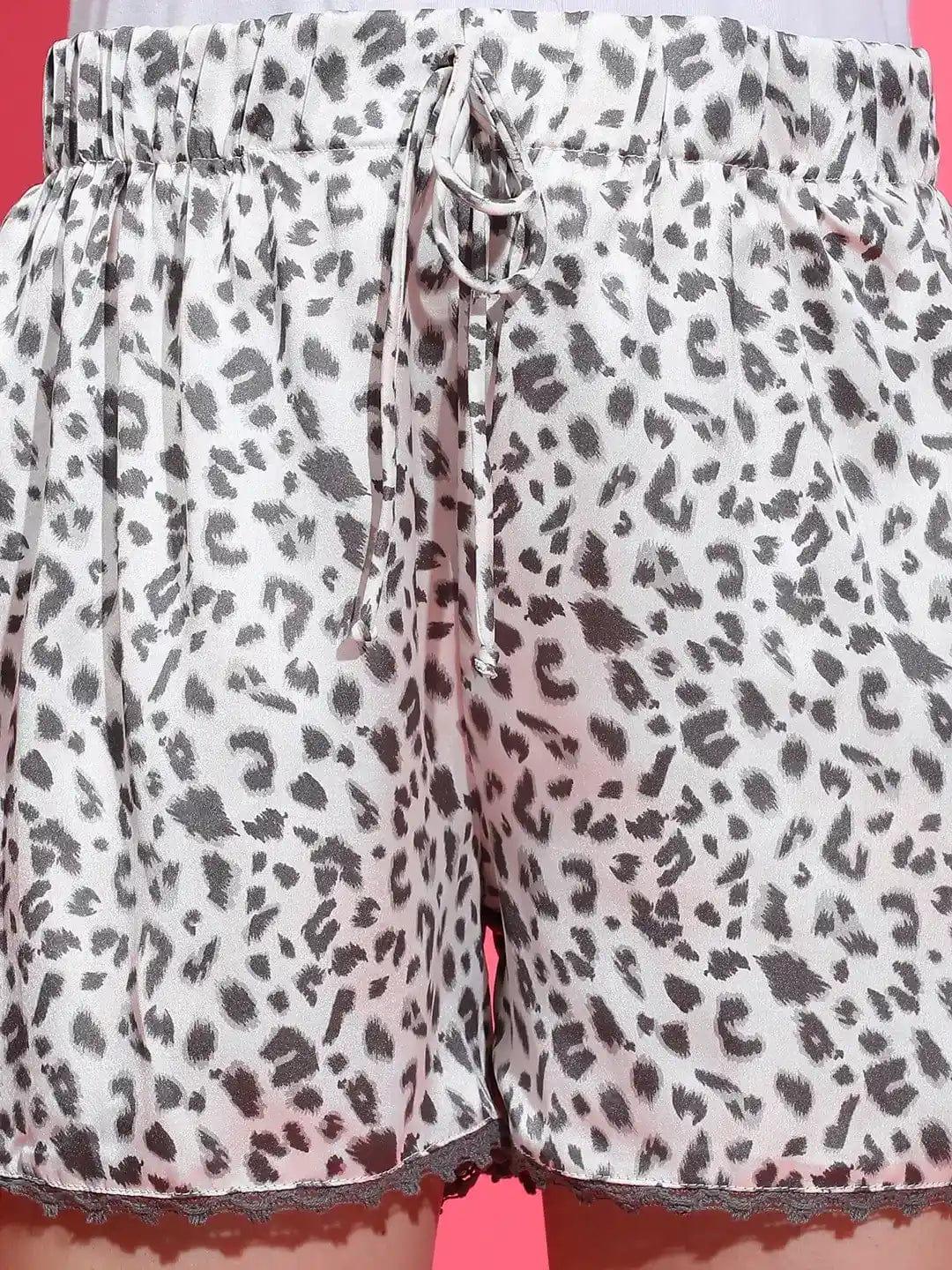 Ash Grey Animal Print Elasticated Waist Nightwear Satin Plush Shorts - oxolloxo