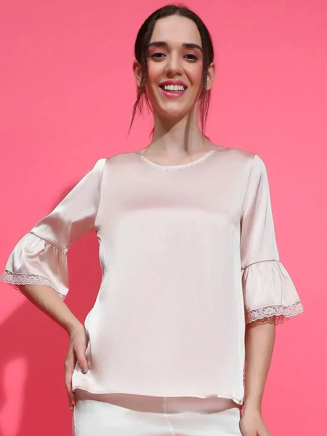 Easy Light Pink Lace Detail Nightwear Satin Women Top - oxolloxo