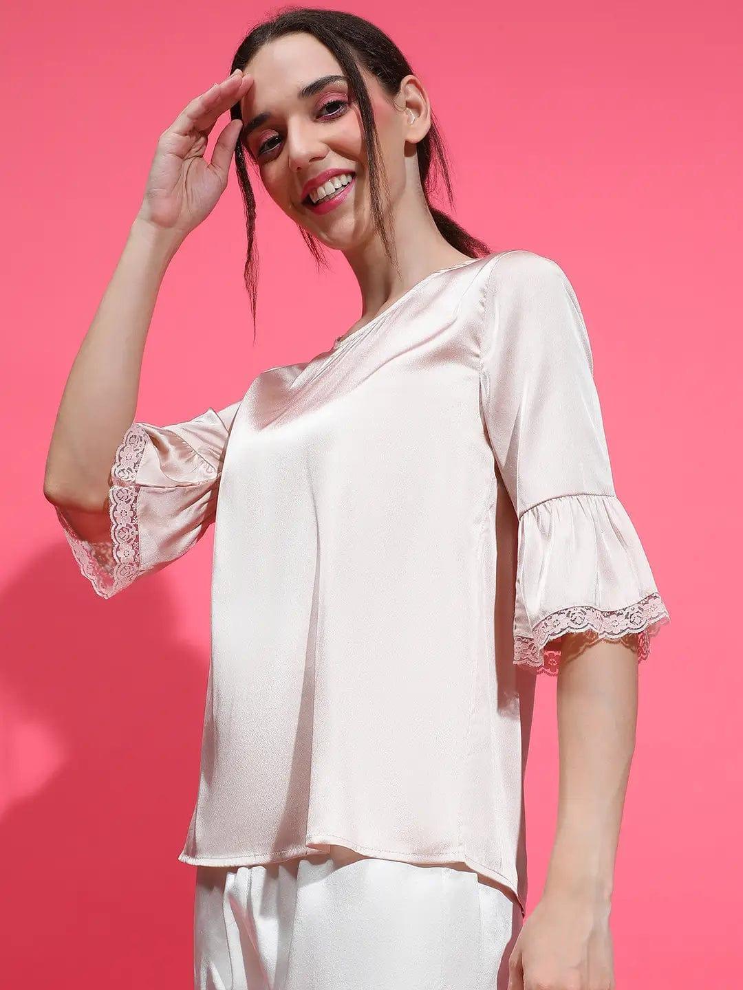 Easy Light Pink Lace Detail Nightwear Satin Women Top - oxolloxo
