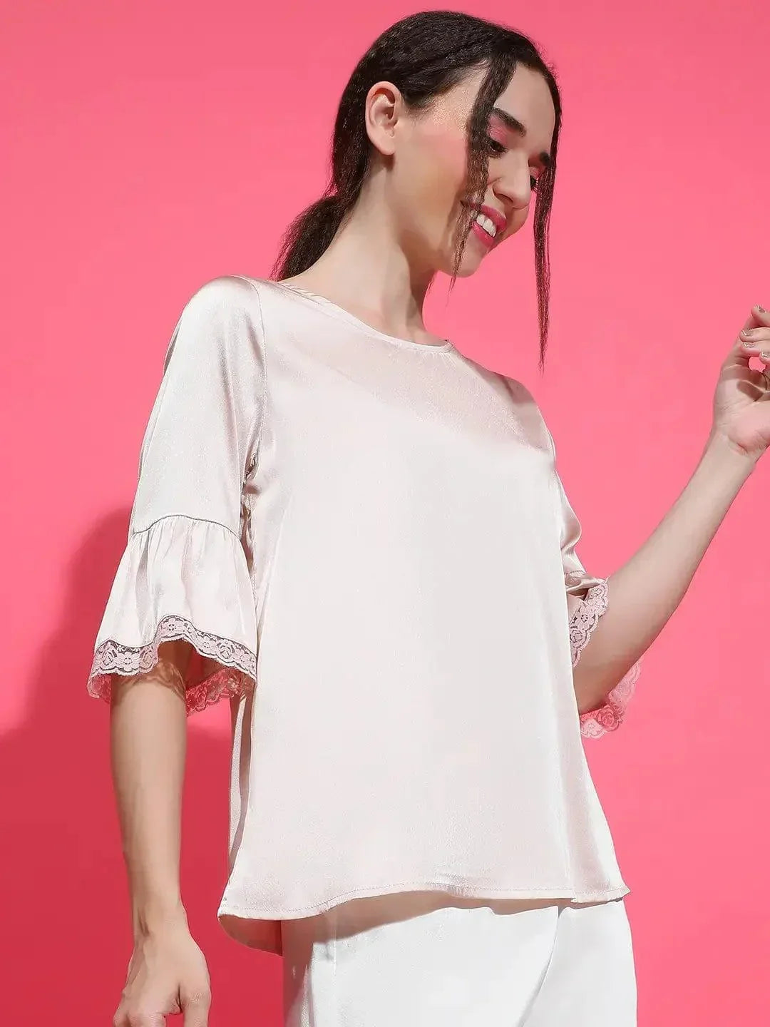 Easy Light Pink Lace Detail Nightwear Satin Women Top - oxolloxo