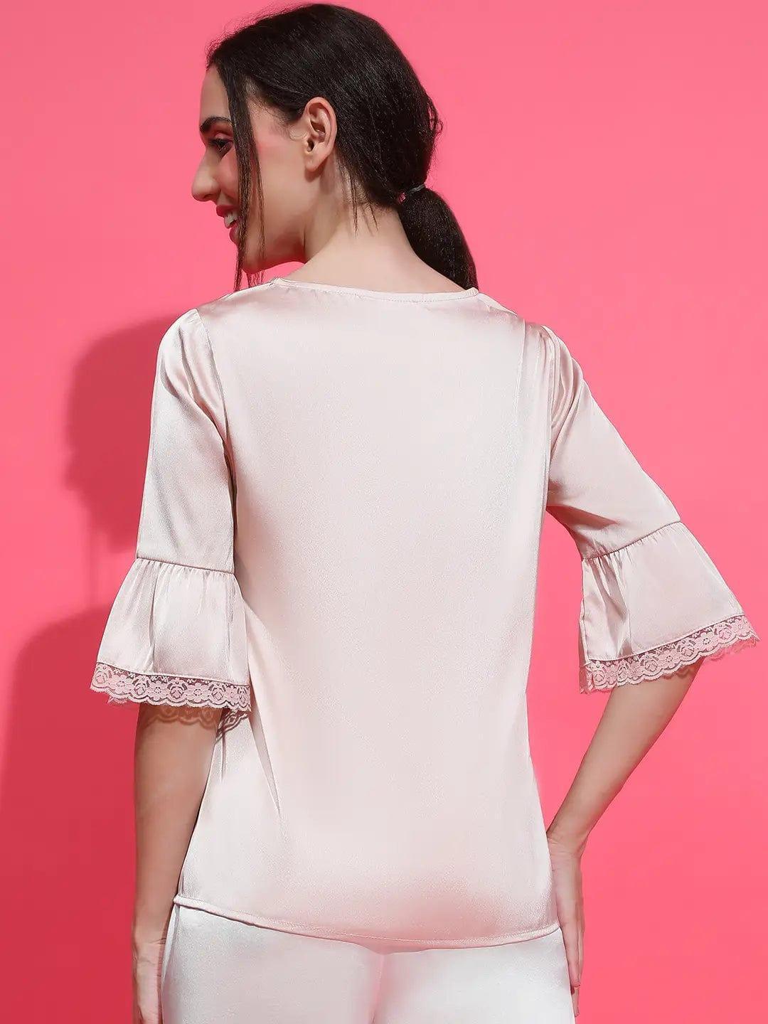 Easy Light Pink Lace Detail Nightwear Satin Women Top - oxolloxo