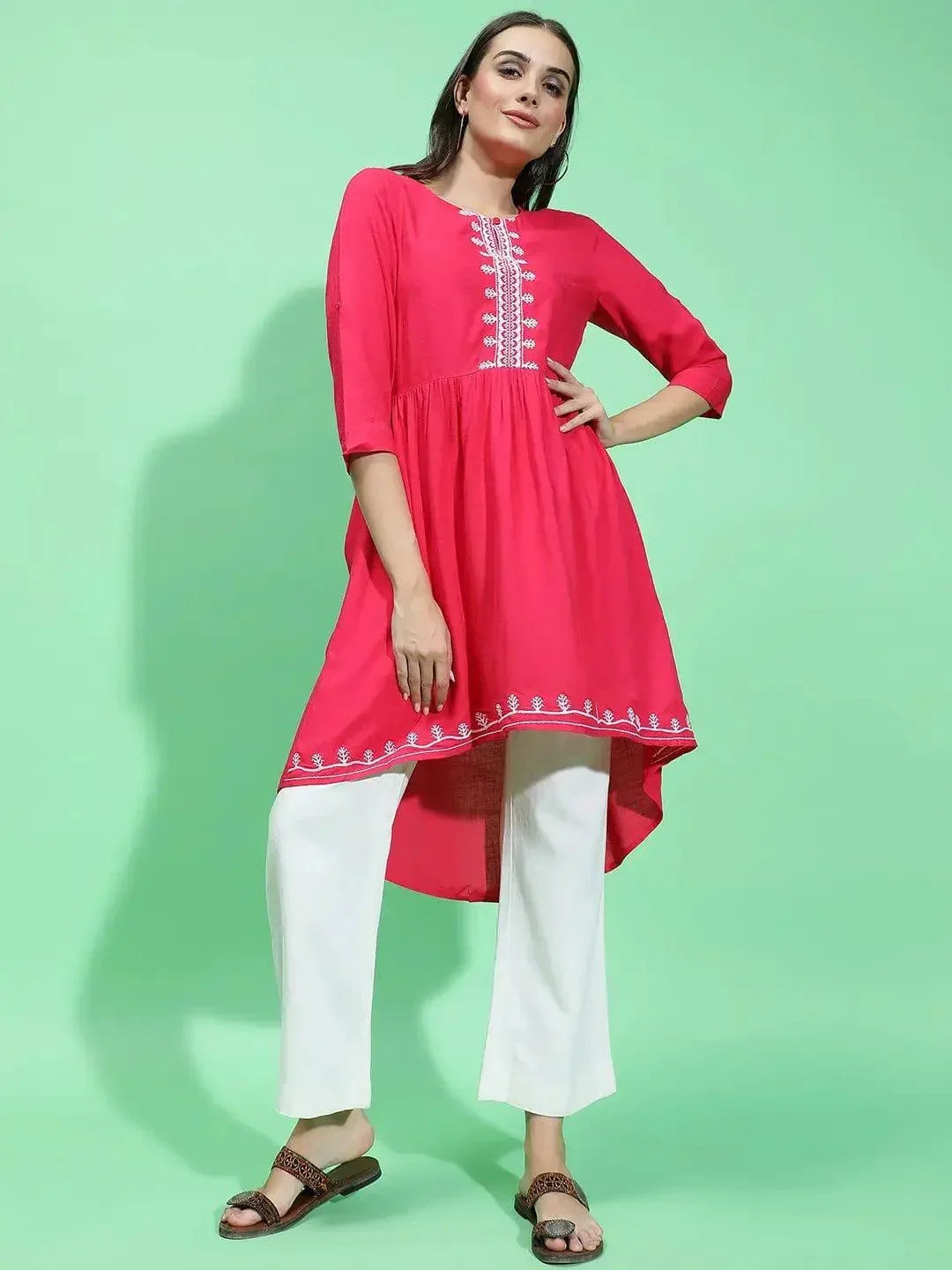 Apex Red Embroidery Detailed With High-Low Hem Tunic - oxolloxo