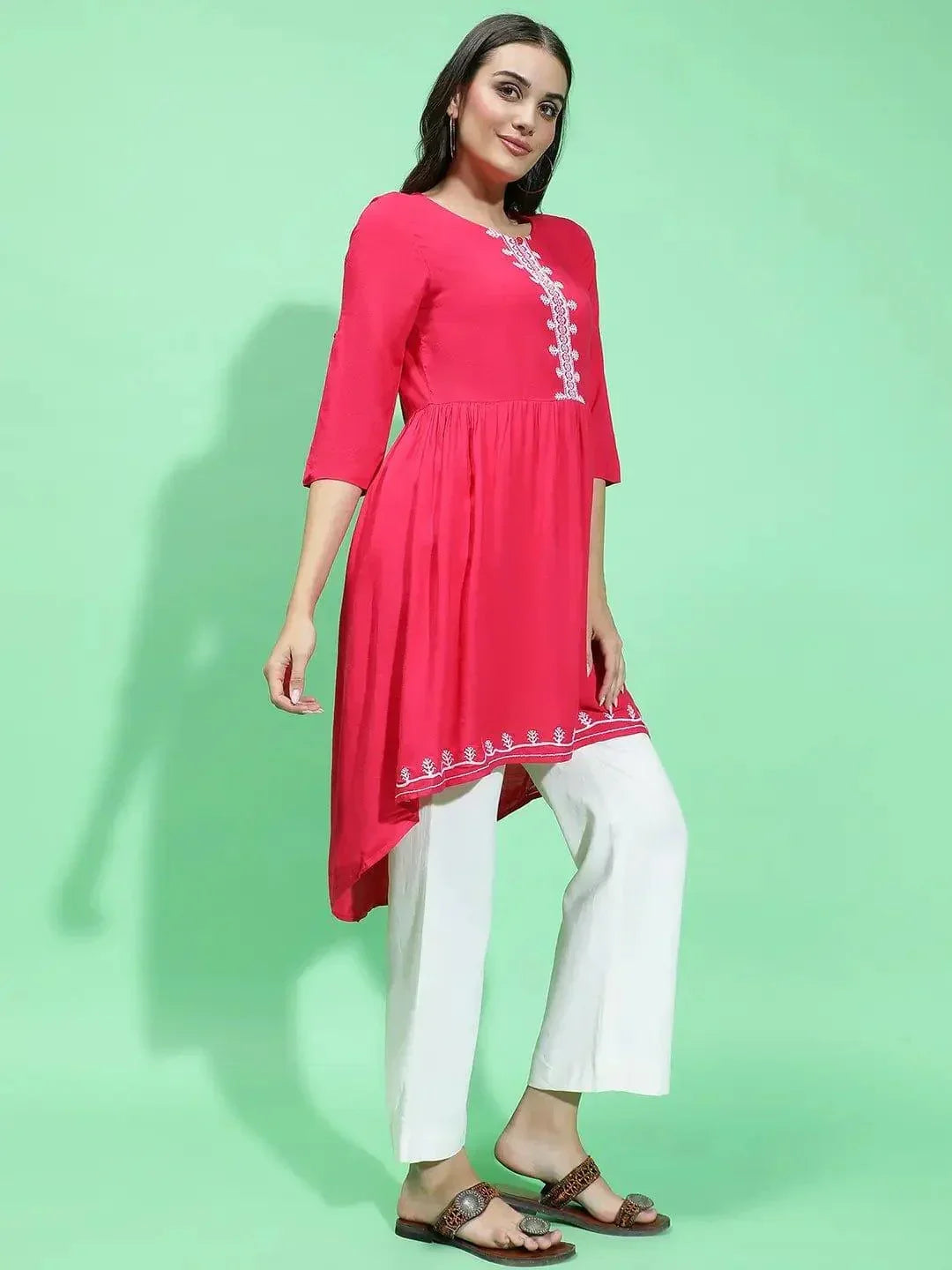 Apex Red Embroidery Detailed With High-Low Hem Tunic - oxolloxo