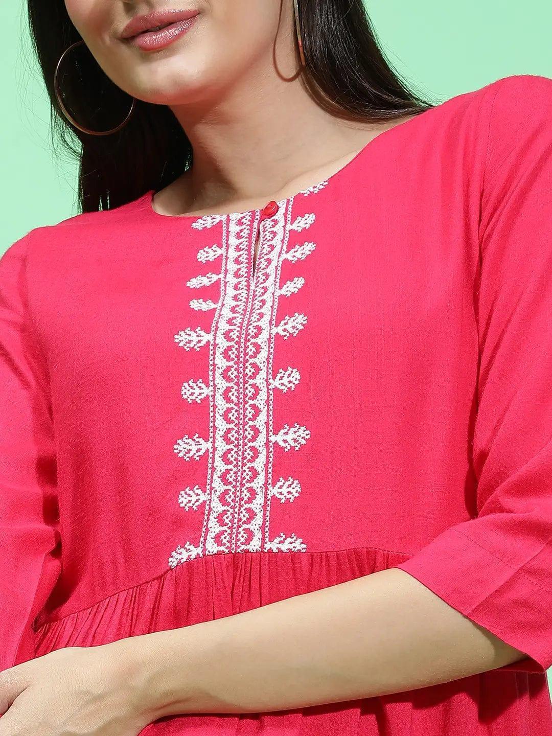 Apex Red Embroidery Detailed With High-Low Hem Tunic - oxolloxo