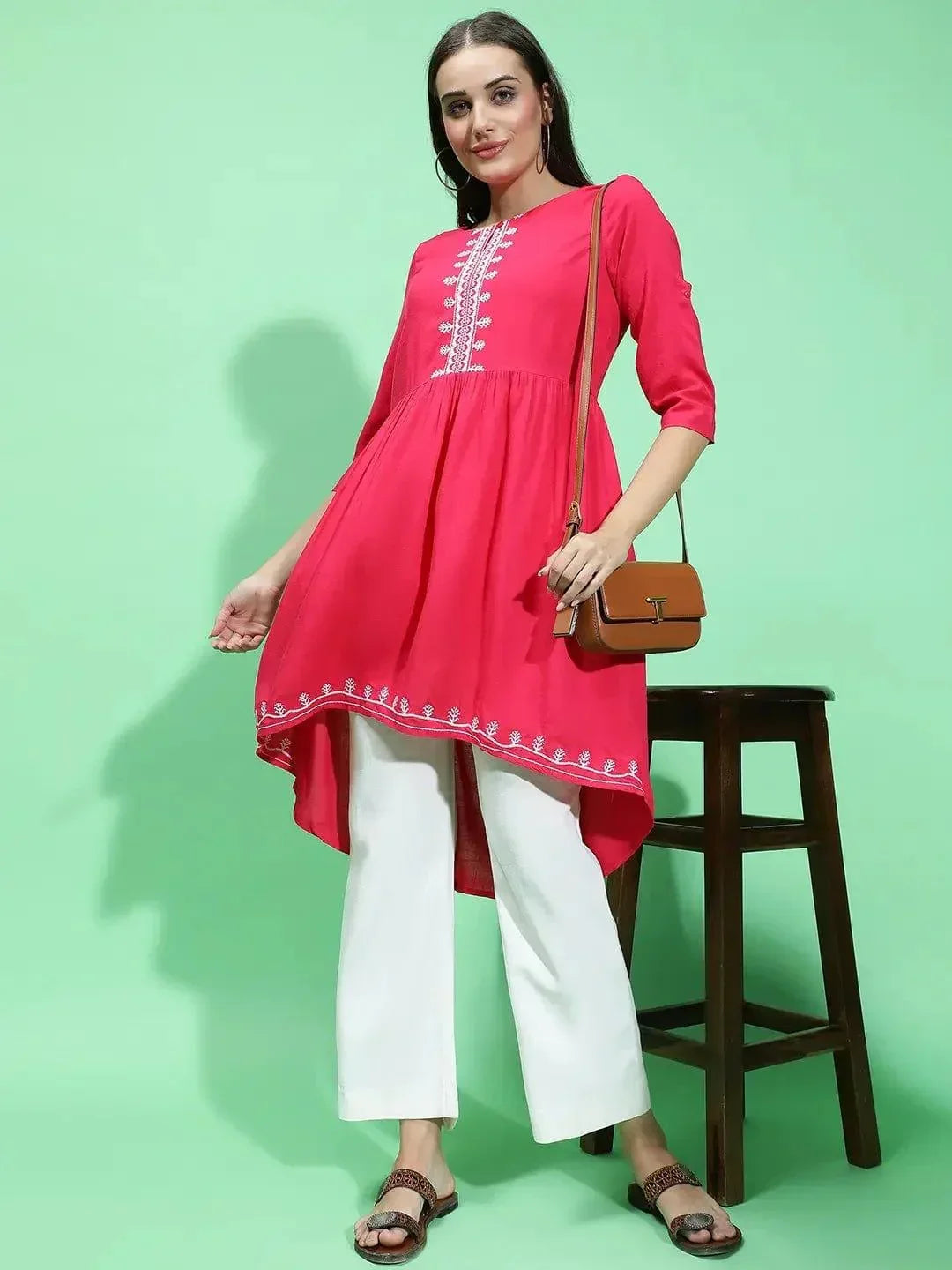 Apex Red Embroidery Detailed With High-Low Hem Tunic - oxolloxo