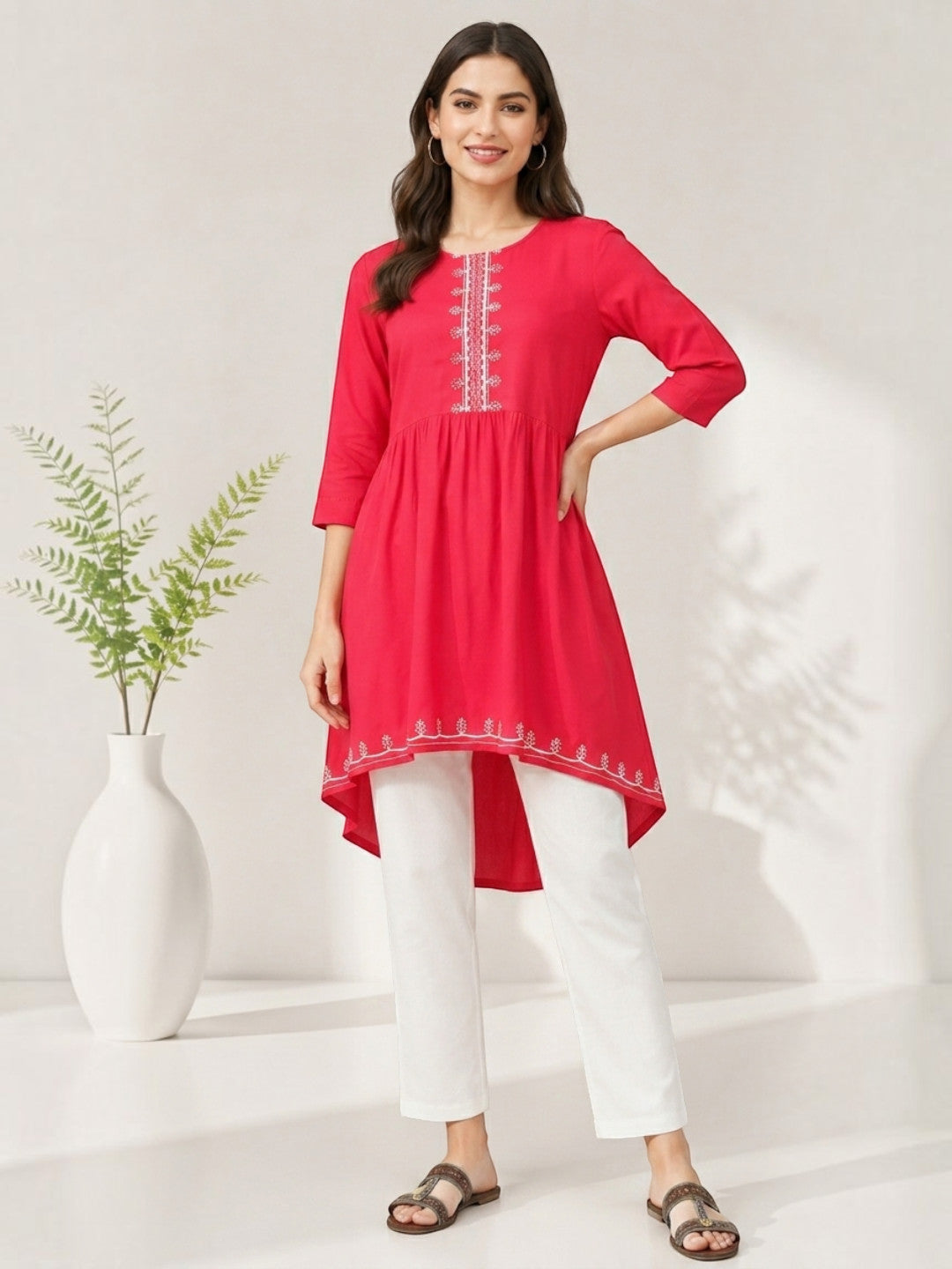 apex pink embroidery detailed with high low hem tunic