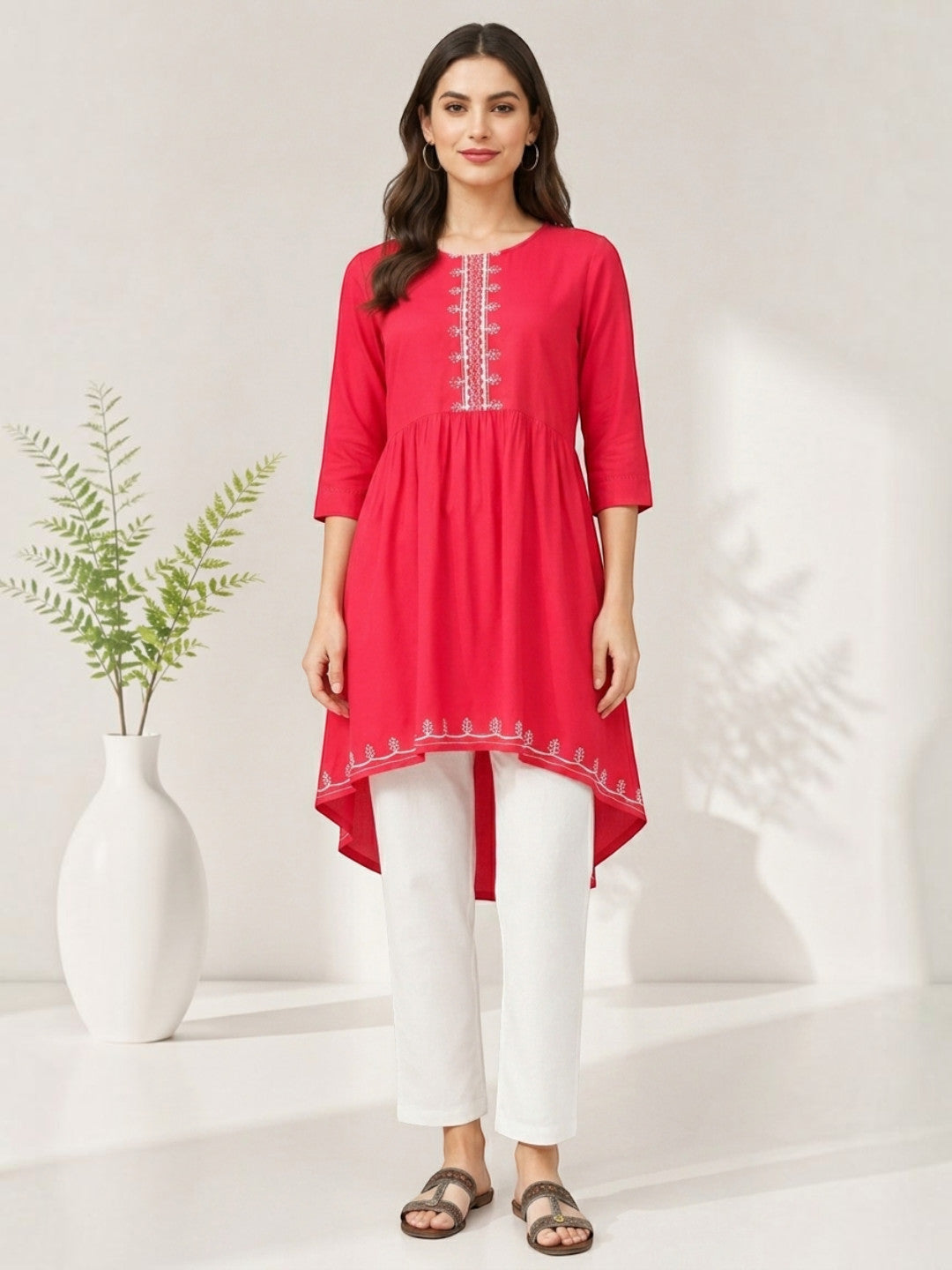 apex pink embroidery detailed with high low hem tunic