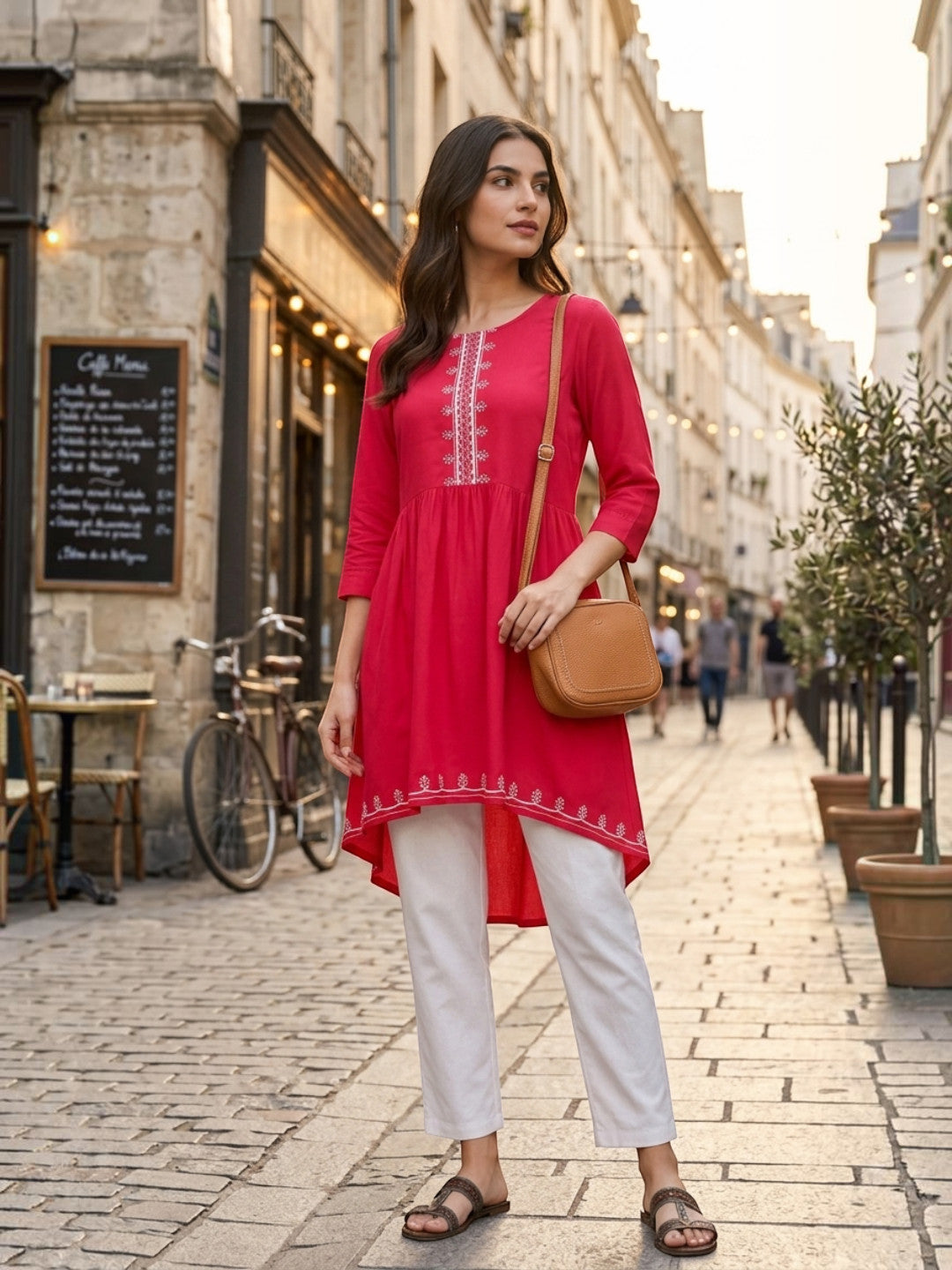 apex pink embroidery detailed with high low hem tunic
