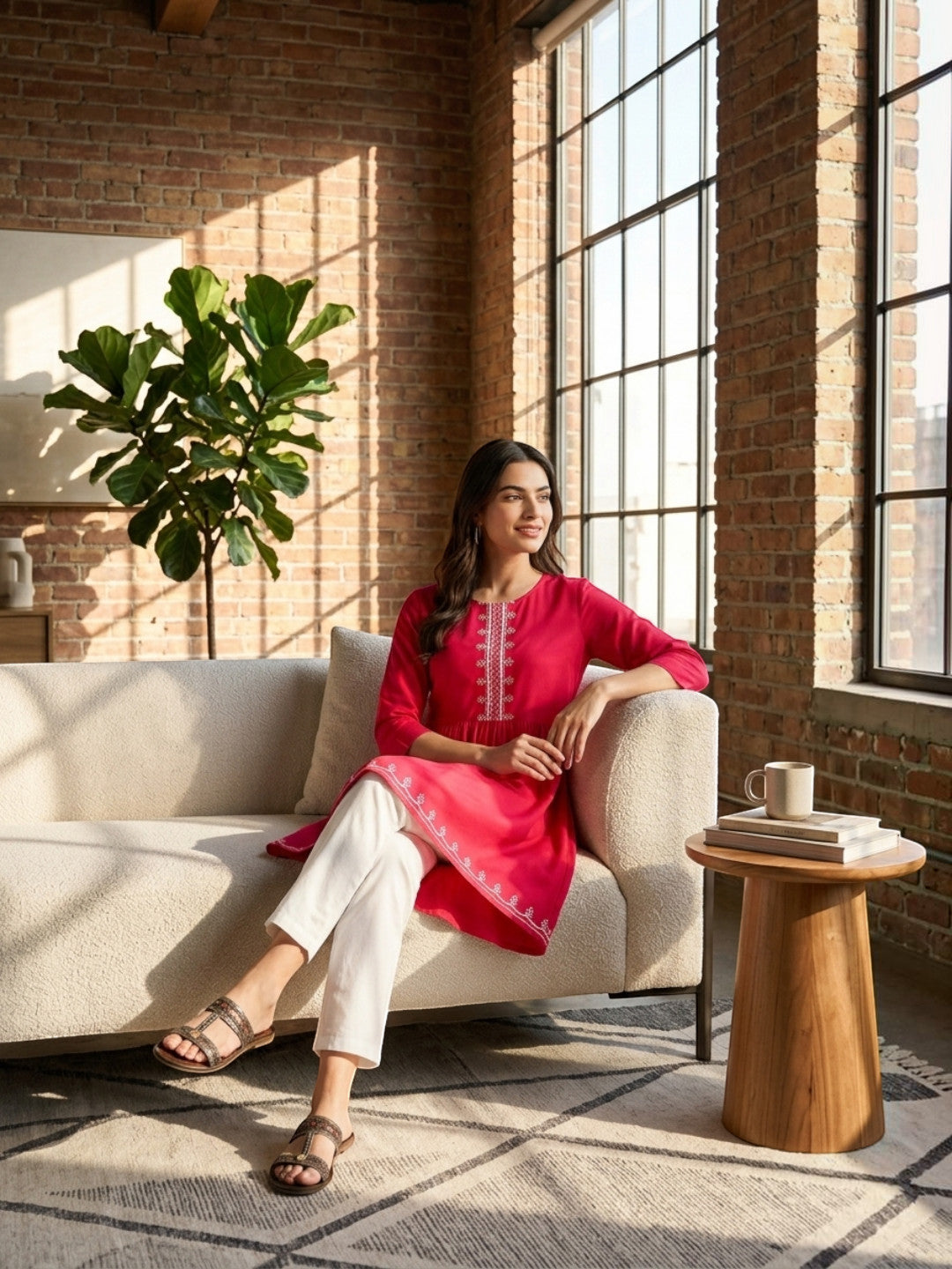 apex pink embroidery detailed with high low hem tunic