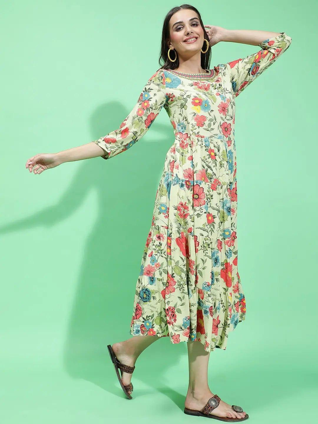 Garden Wowed Multicolor Floral Print Embellished Detail Women Dress - oxolloxo