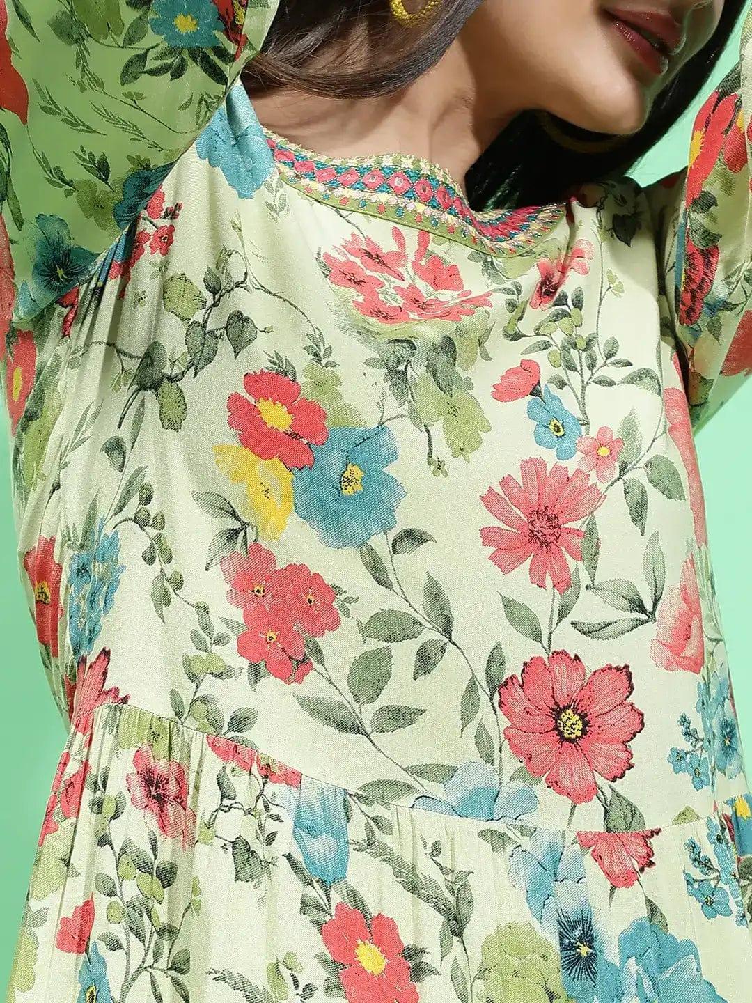 Garden Wowed Multicolor Floral Print Embellished Detail Women Dress - oxolloxo