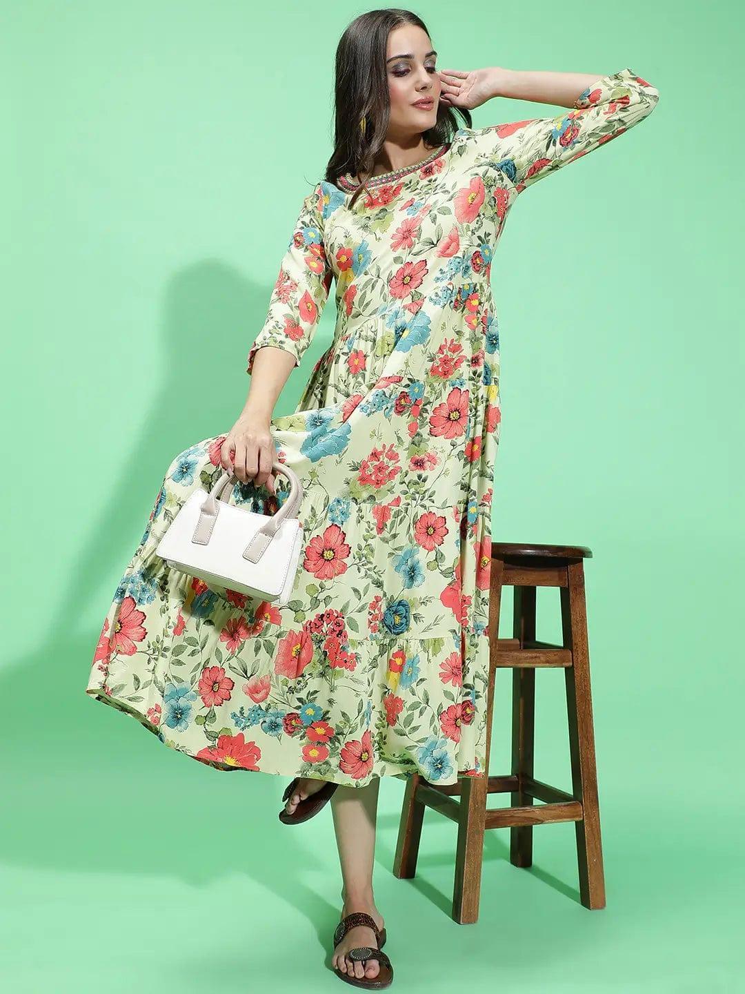 Garden Wowed Multicolor Floral Print Embellished Detail Women Dress - oxolloxo