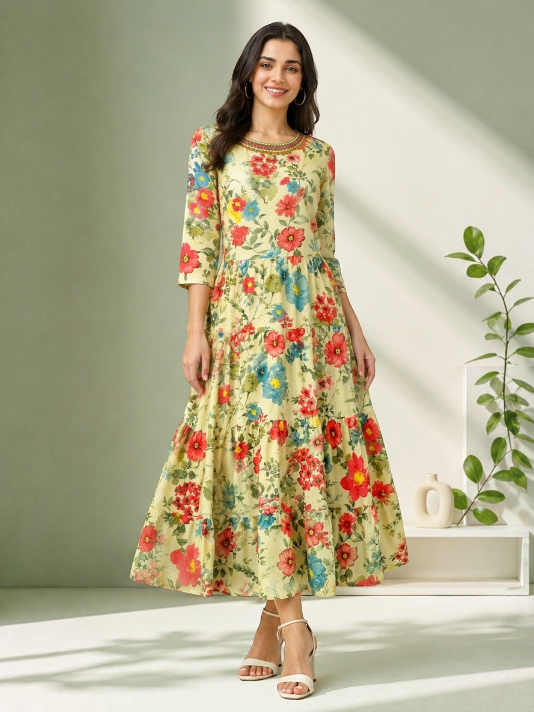 multicolor floral print embellished dress