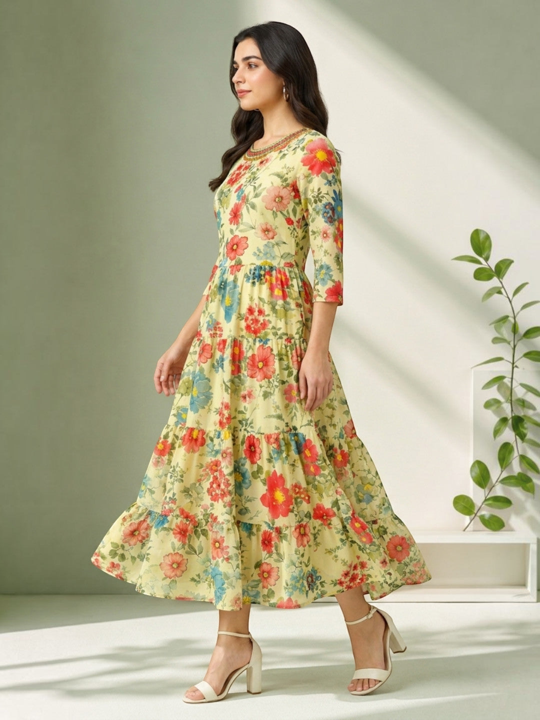 multicolor floral print embellished dress