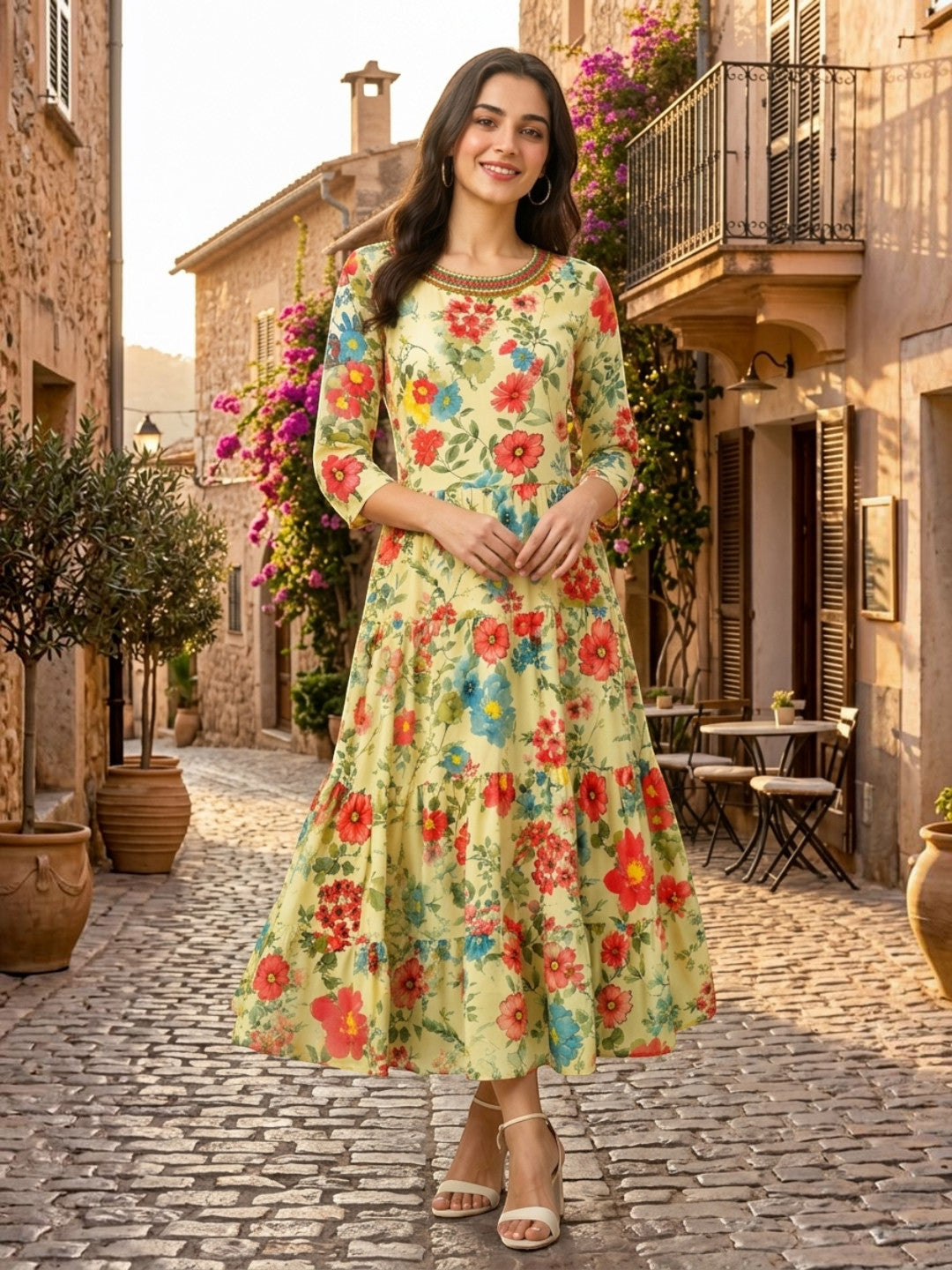 multicolor floral print embellished dress