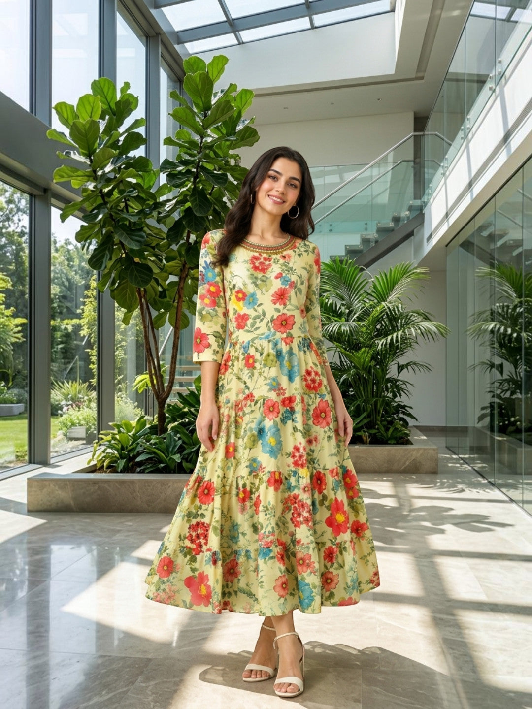 multicolor floral print embellished dress