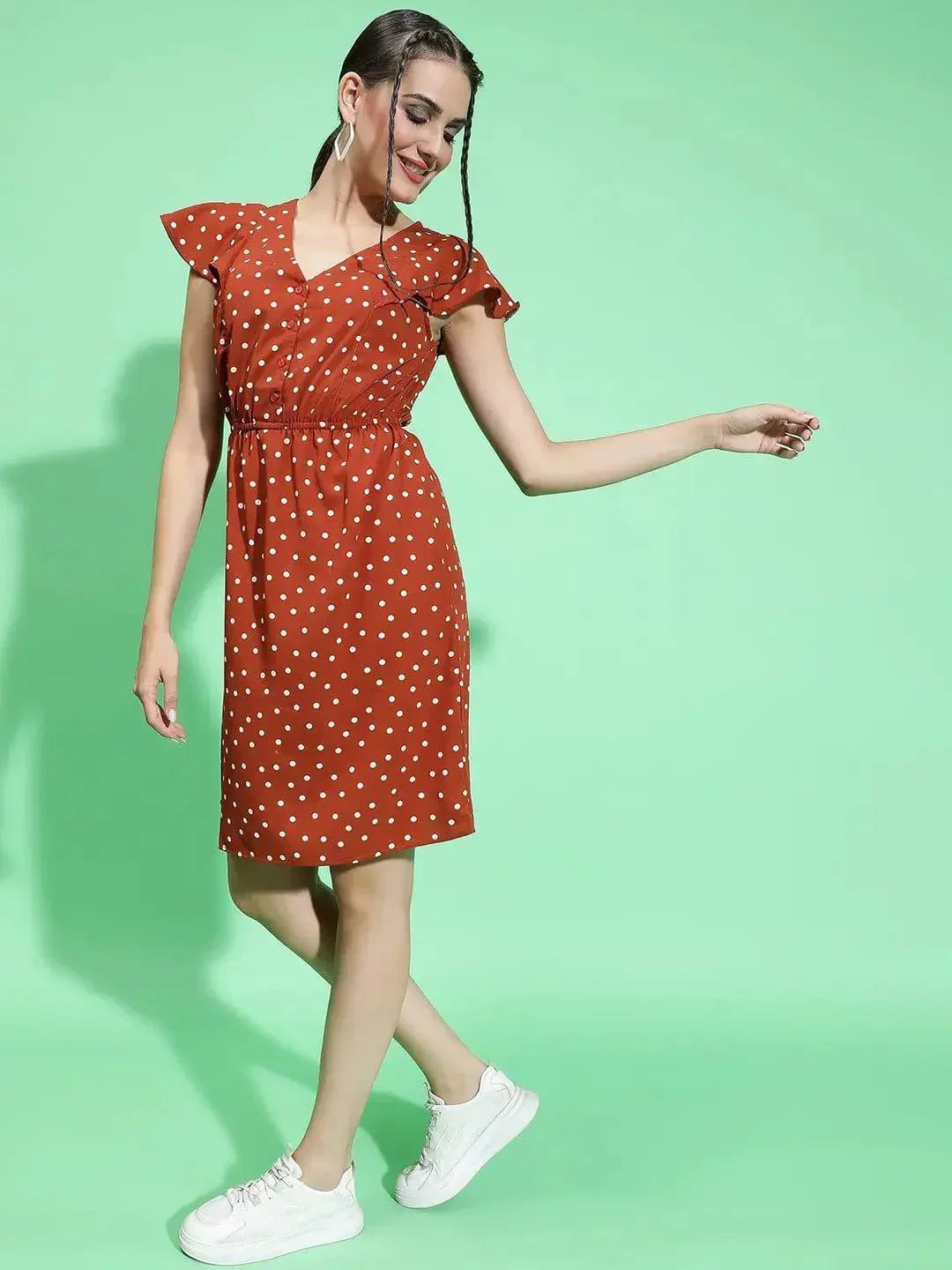 Cool Chic Brown Color Polka Dot Print Elasticated Women Dress - oxolloxo