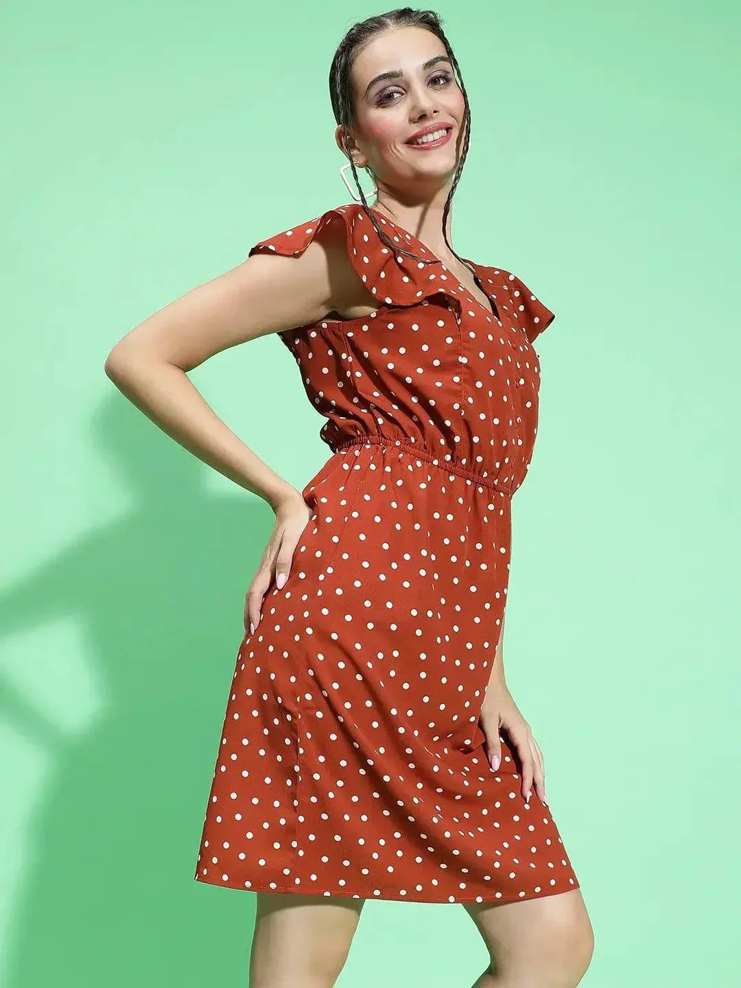 Cool Chic Brown Color Polka Dot Print Elasticated Women Dress - oxolloxo
