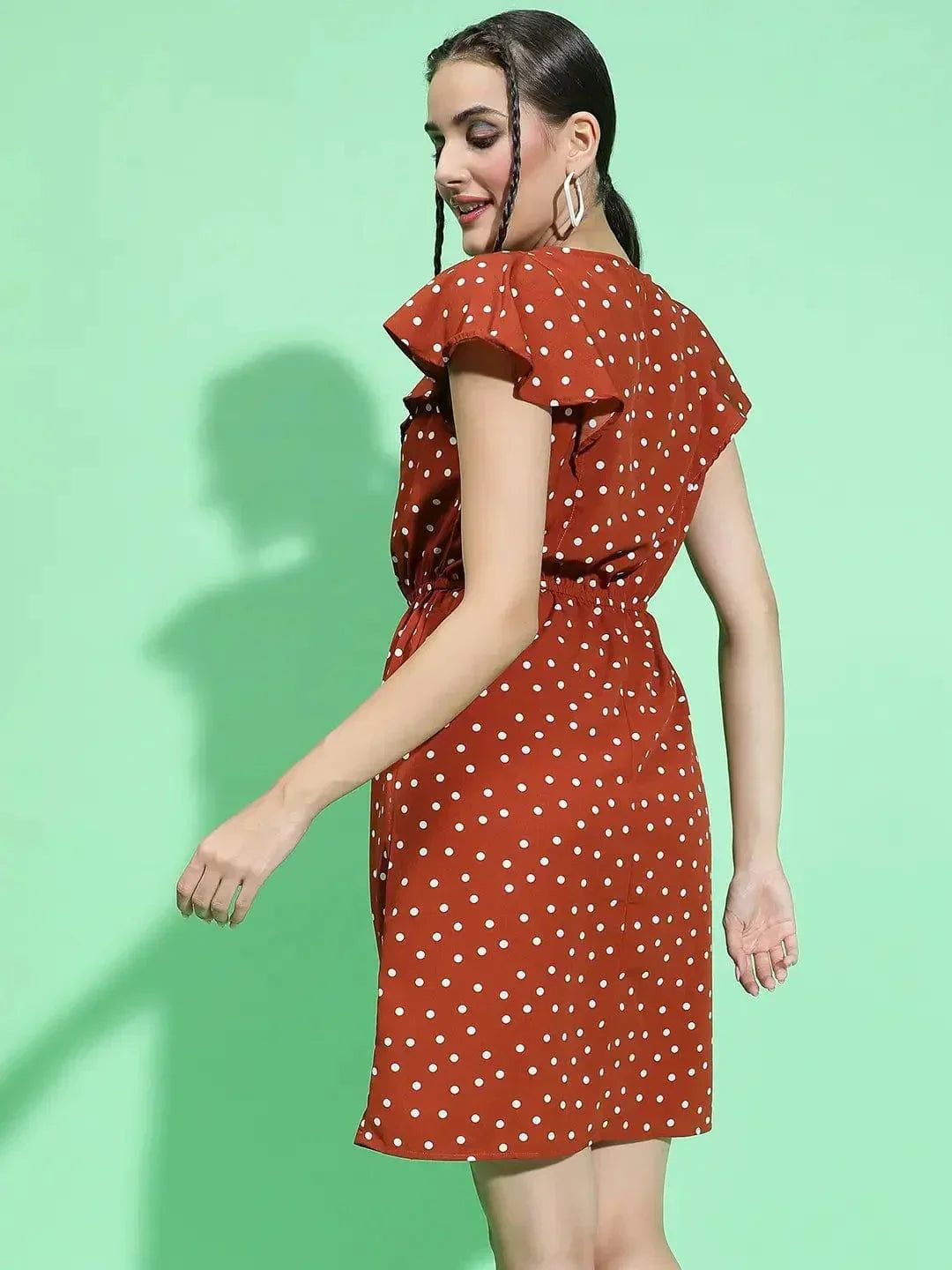 Cool Chic Brown Color Polka Dot Print Elasticated Women Dress - oxolloxo