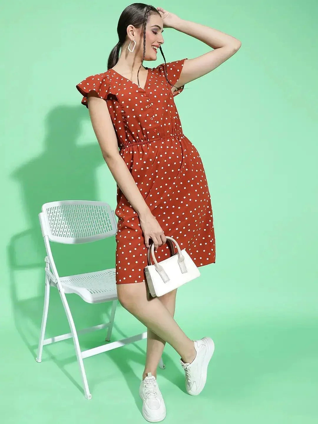 Cool Chic Brown Color Polka Dot Print Elasticated Women Dress - oxolloxo