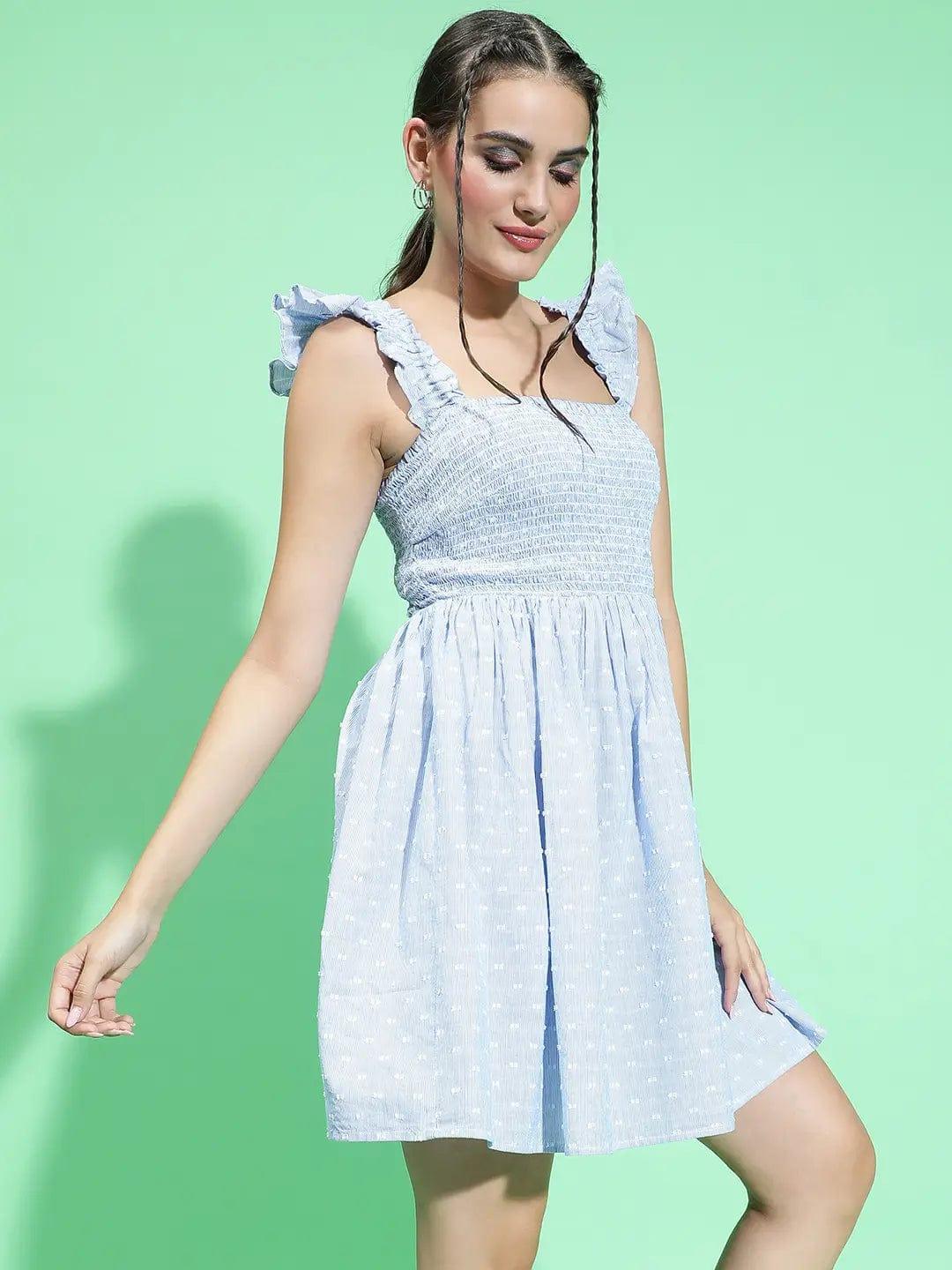 Big Blue With Stripe Print Cotton Casual Sleeveless Women Dress - oxolloxo