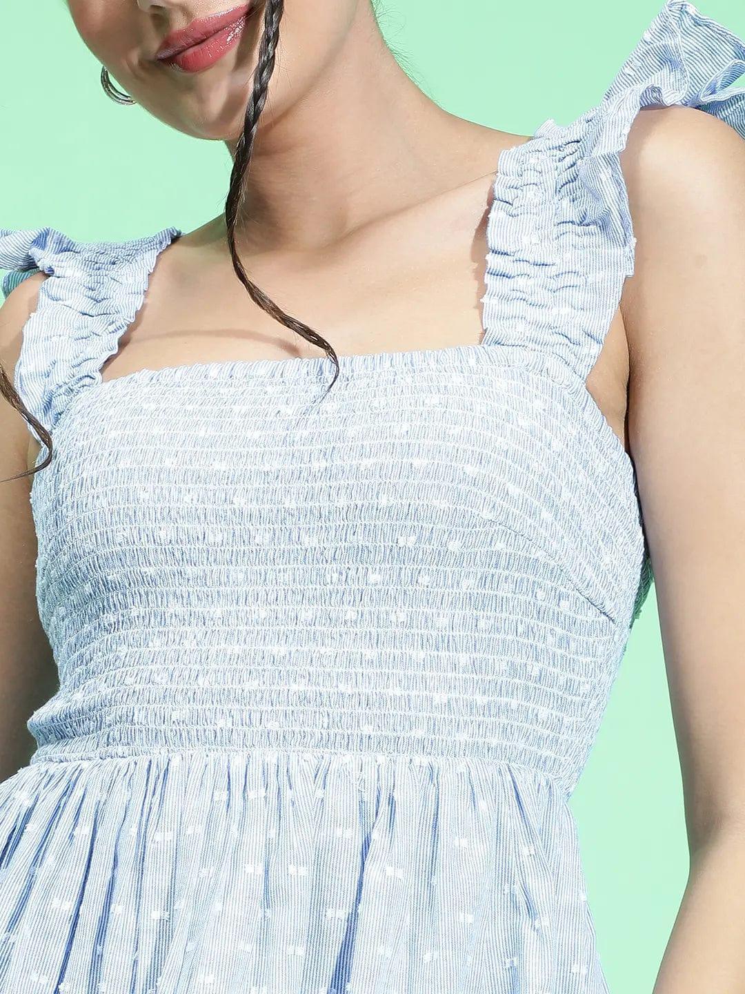 Big Blue With Stripe Print Cotton Casual Sleeveless Women Dress - oxolloxo