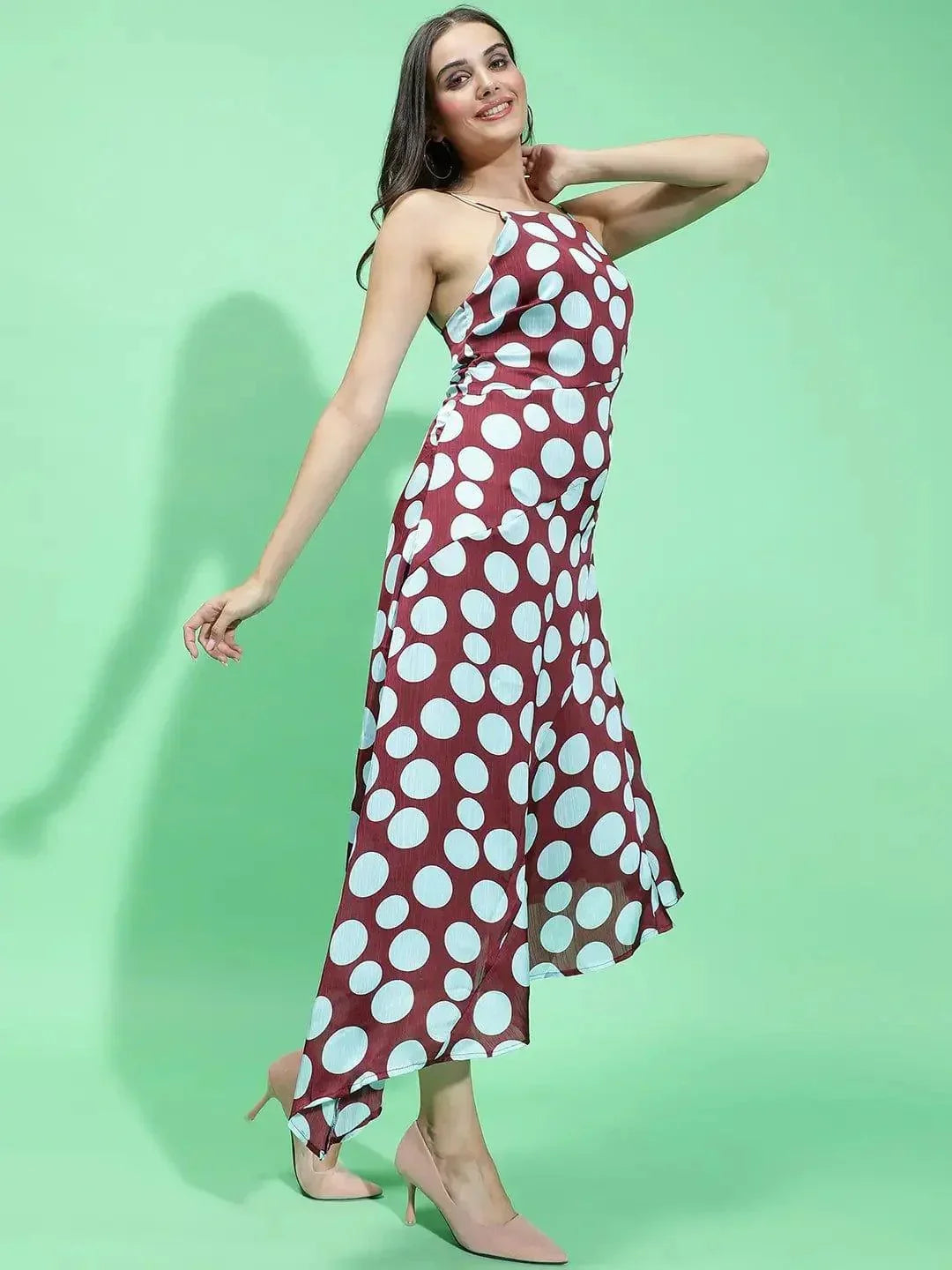 Quirky Maroon Polka Print Strappy Long Partywear Satin Women Dress - oxolloxo