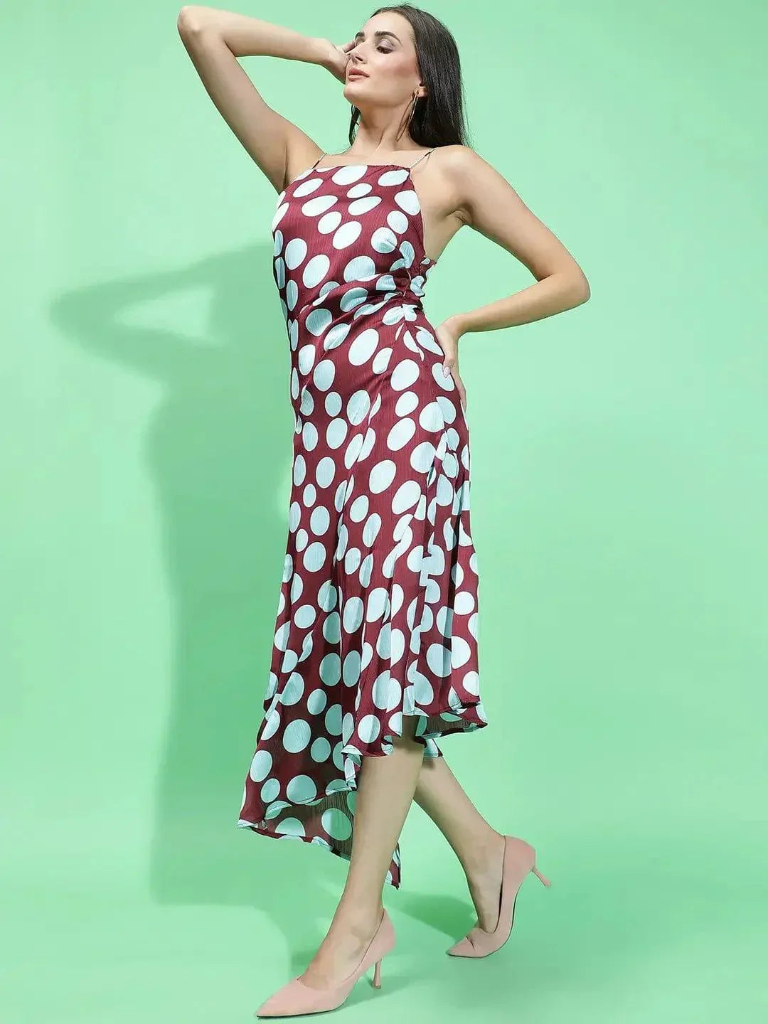 Quirky Maroon Polka Print Strappy Long Partywear Satin Women Dress - oxolloxo