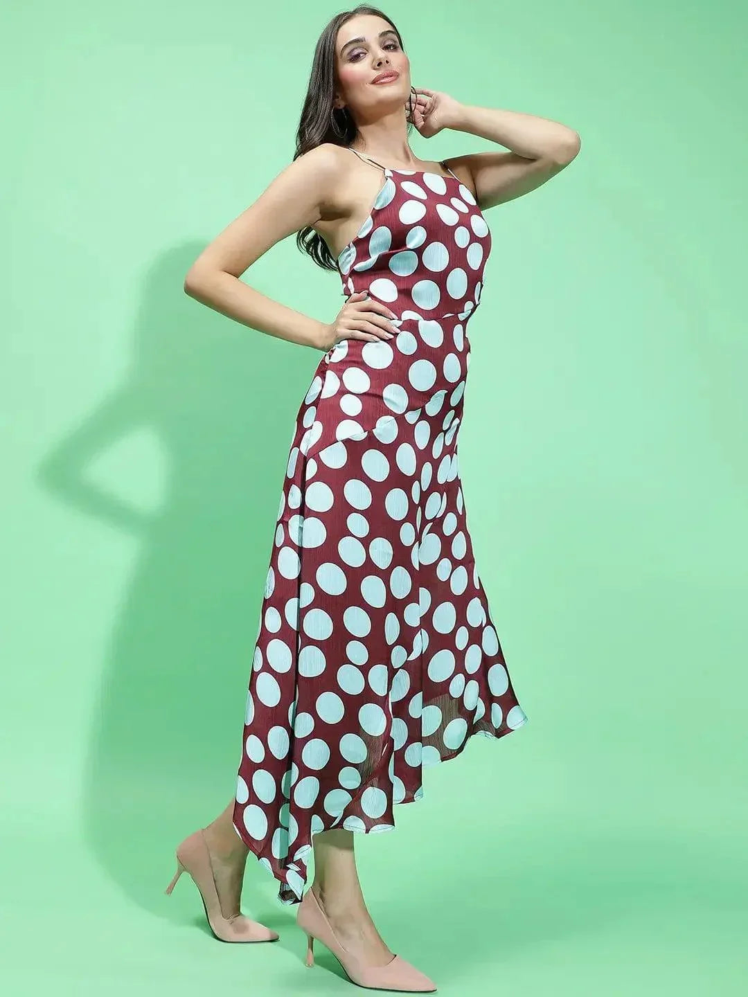 Quirky Maroon Polka Print Strappy Long Partywear Satin Women Dress - oxolloxo