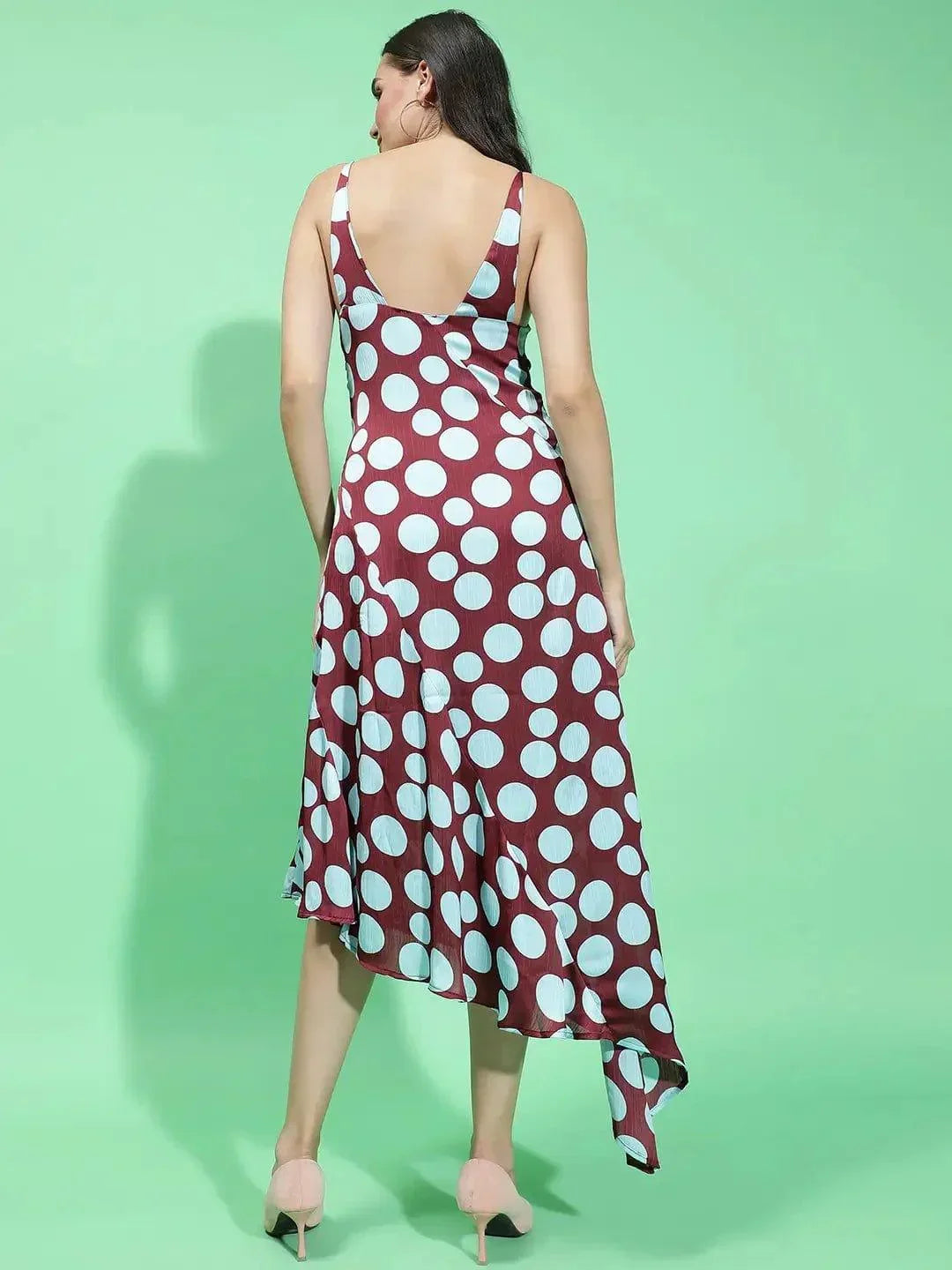 Quirky Maroon Polka Print Strappy Long Partywear Satin Women Dress - oxolloxo