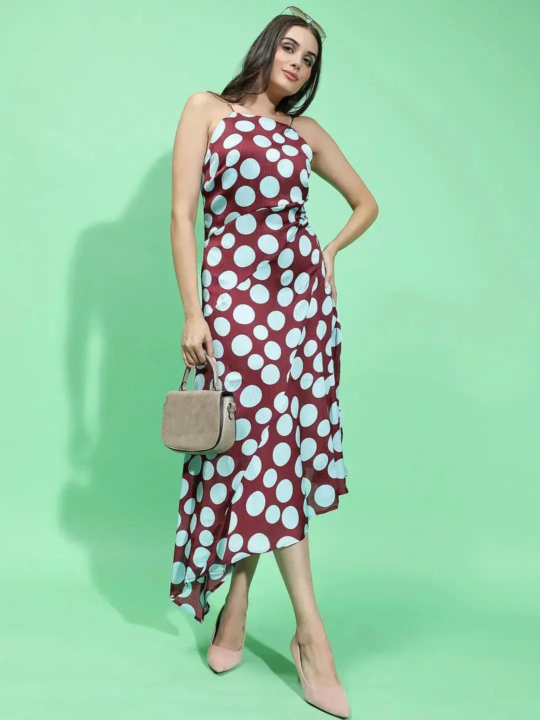 Quirky Maroon Polka Print Strappy Long Partywear Satin Women Dress - oxolloxo