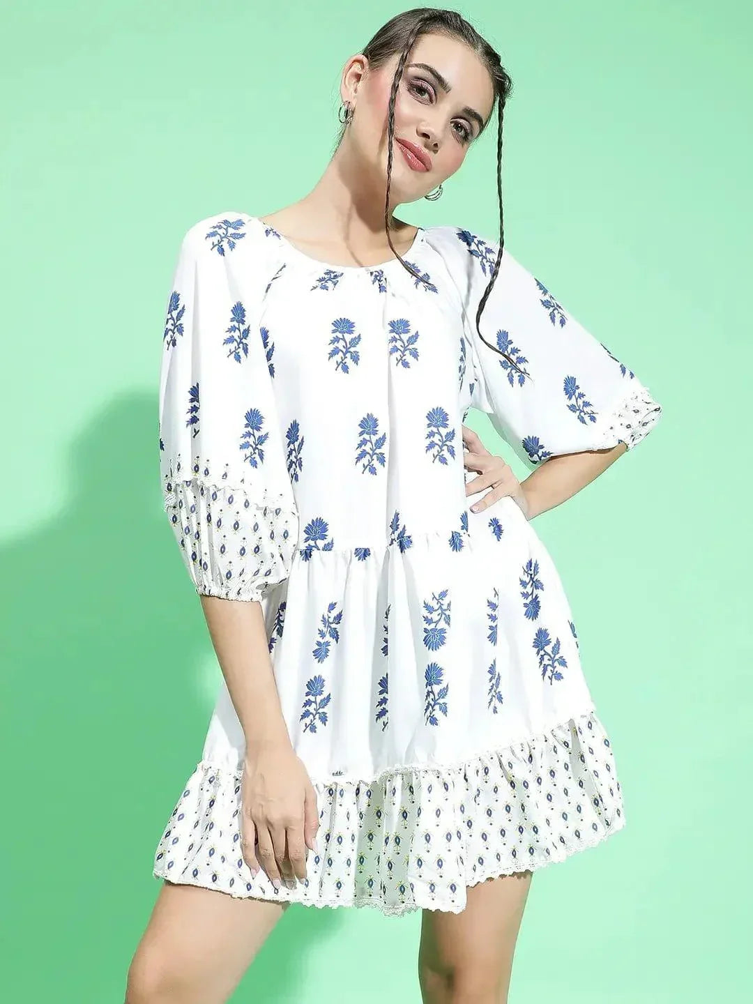 Funky White Floral Print Round Neck Dress For Summer Fun Women Dress - oxolloxo