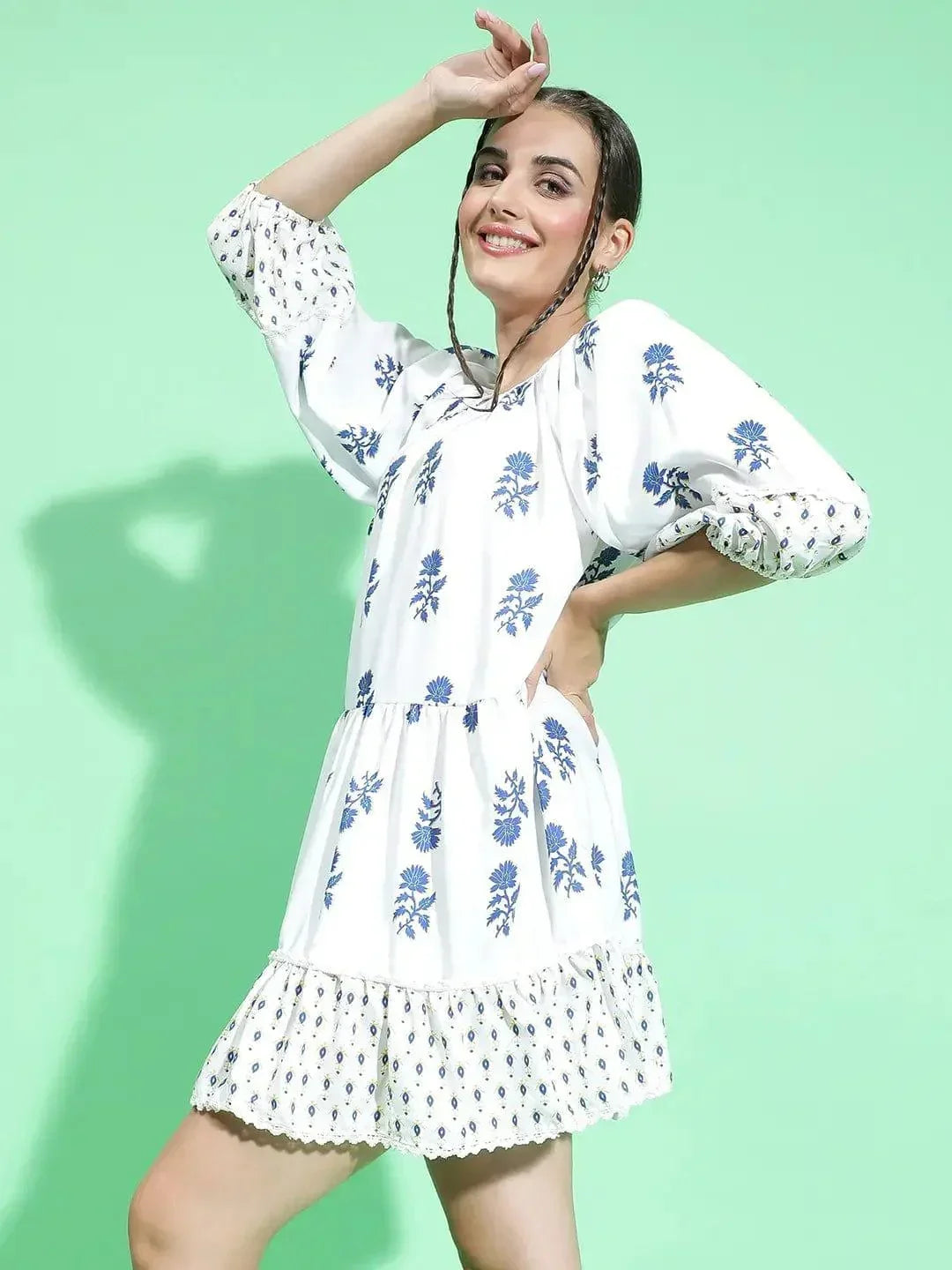 Funky White Floral Print Round Neck Dress For Summer Fun Women Dress - oxolloxo