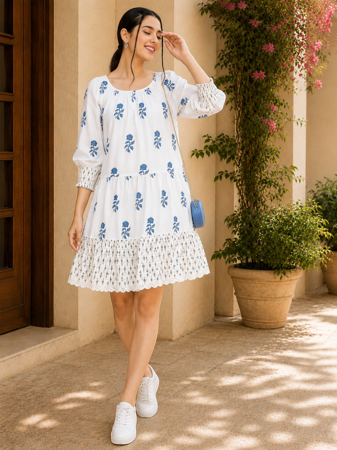 funky white floral print round neck dress